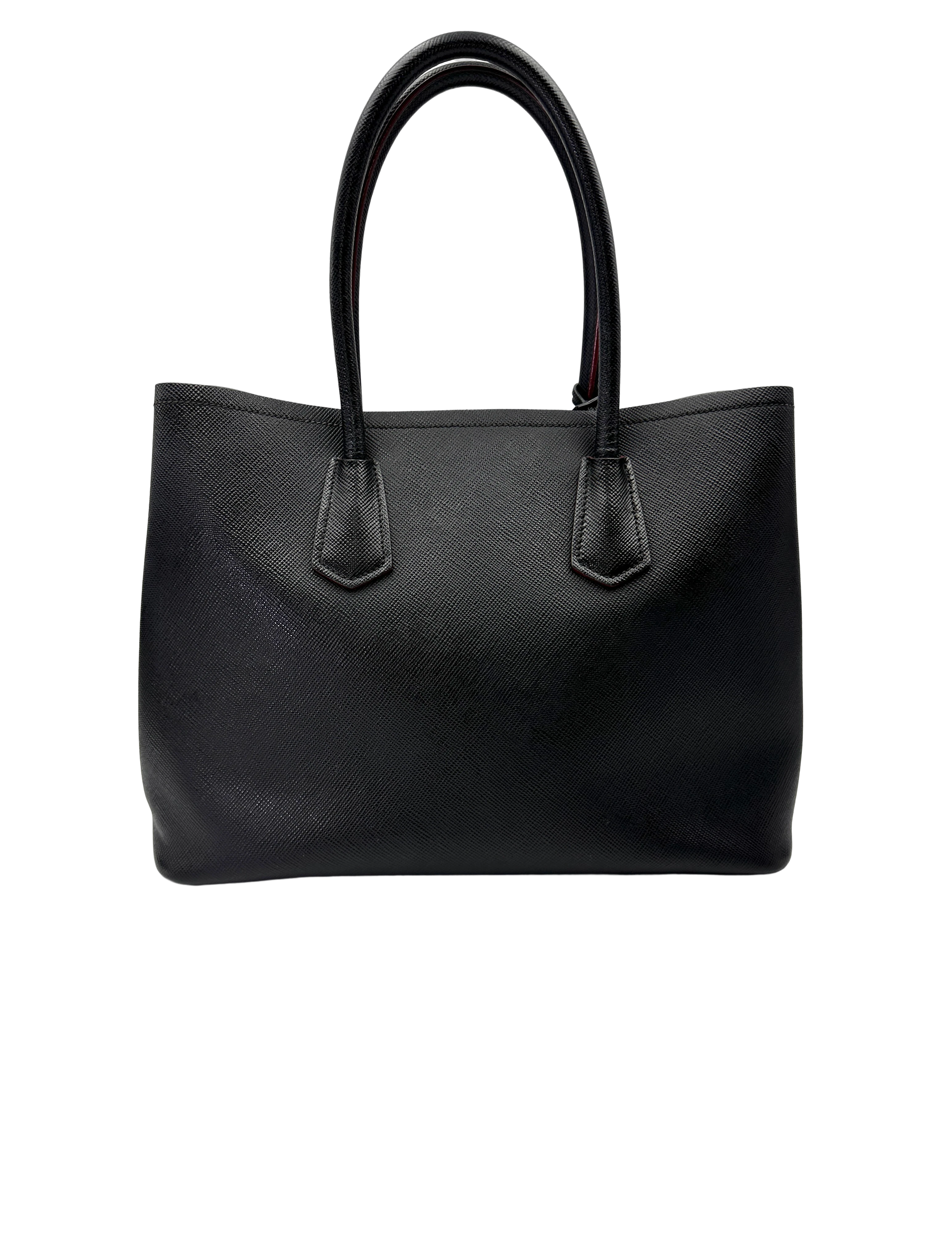 Prada Double Black Saffiano Cuir Leather Medium Size Handle Bag PR487