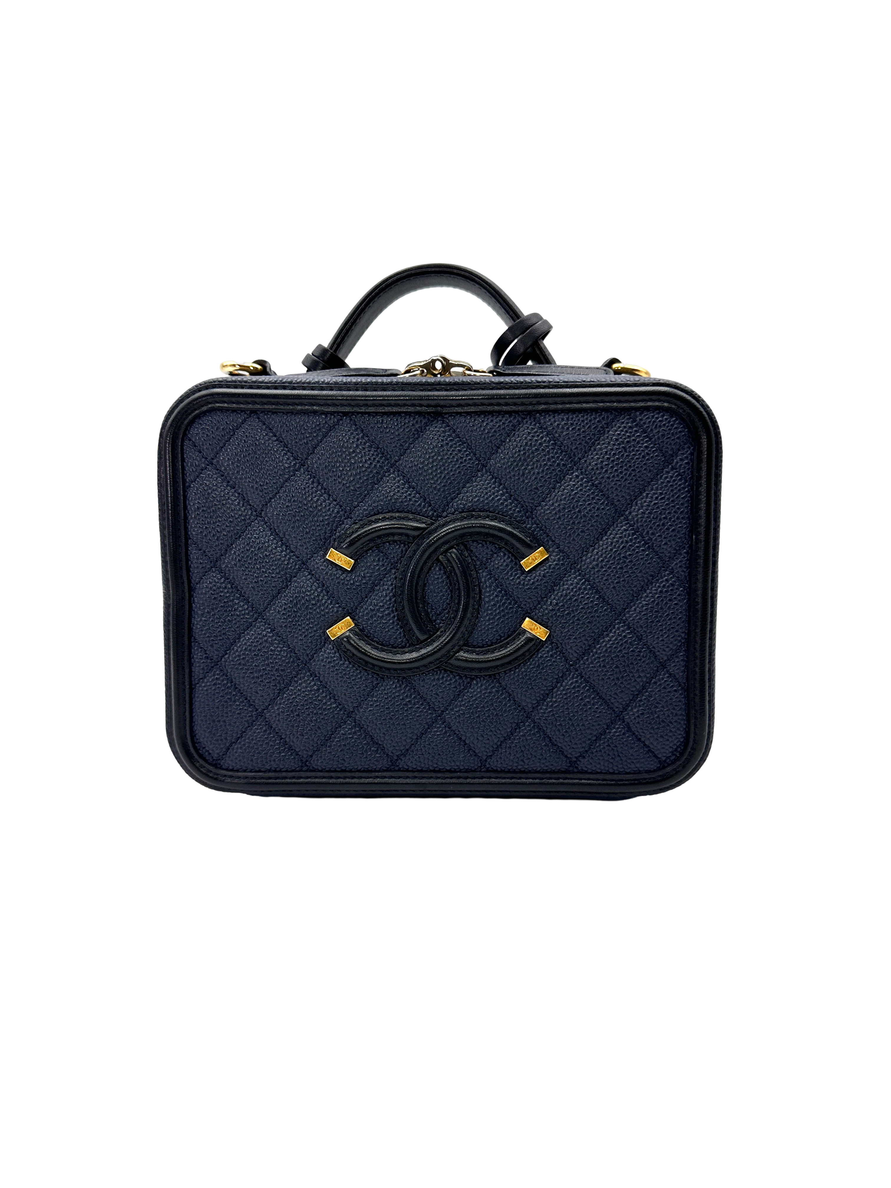 Chanel CC Filigree Navy Quilted Leather Top Handle Vanity Case(23***26) CC2174