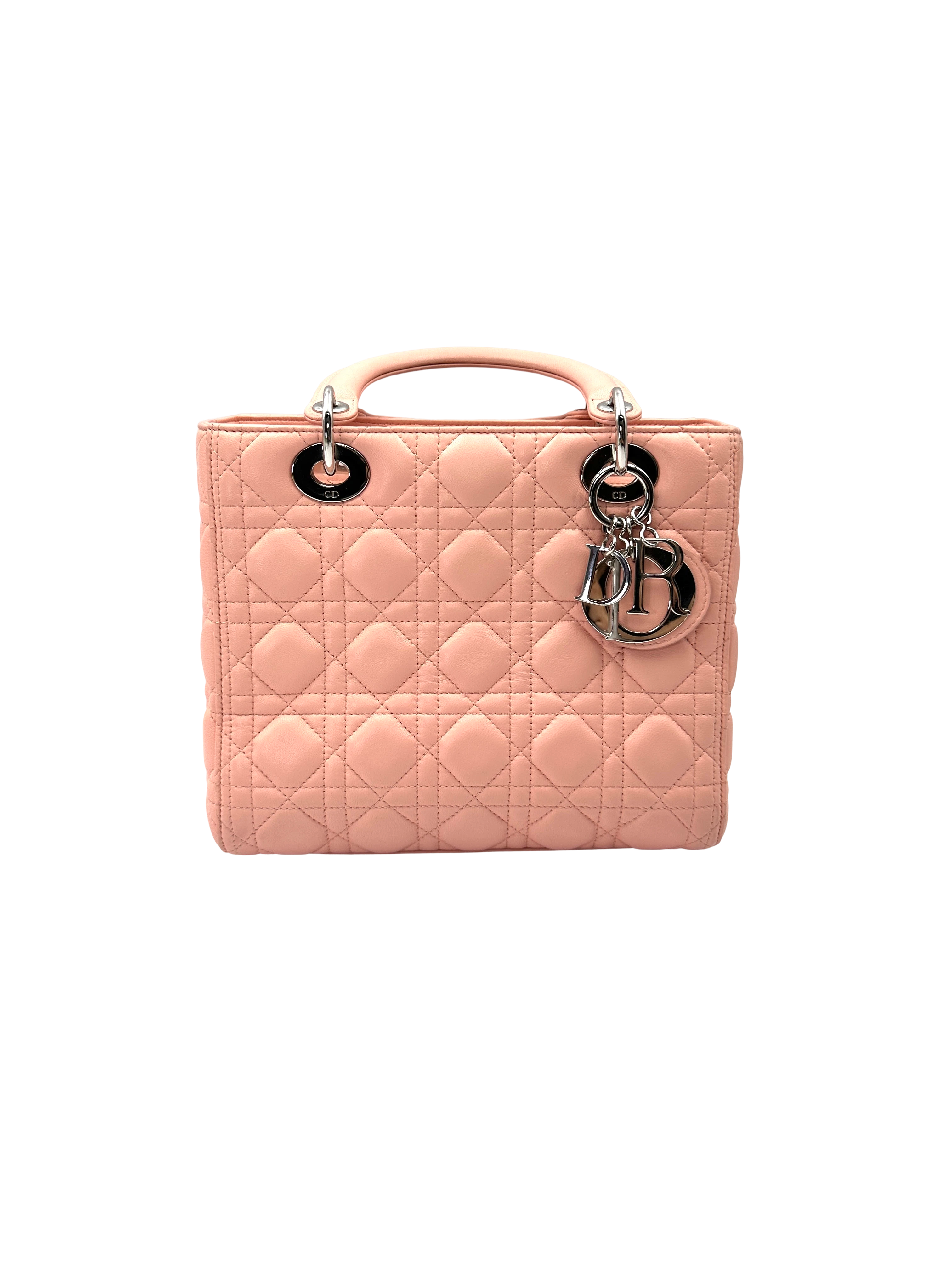 Christian Dior Lady Dior Pink Cannage Leather Handle Bag With Silver Charms DR803