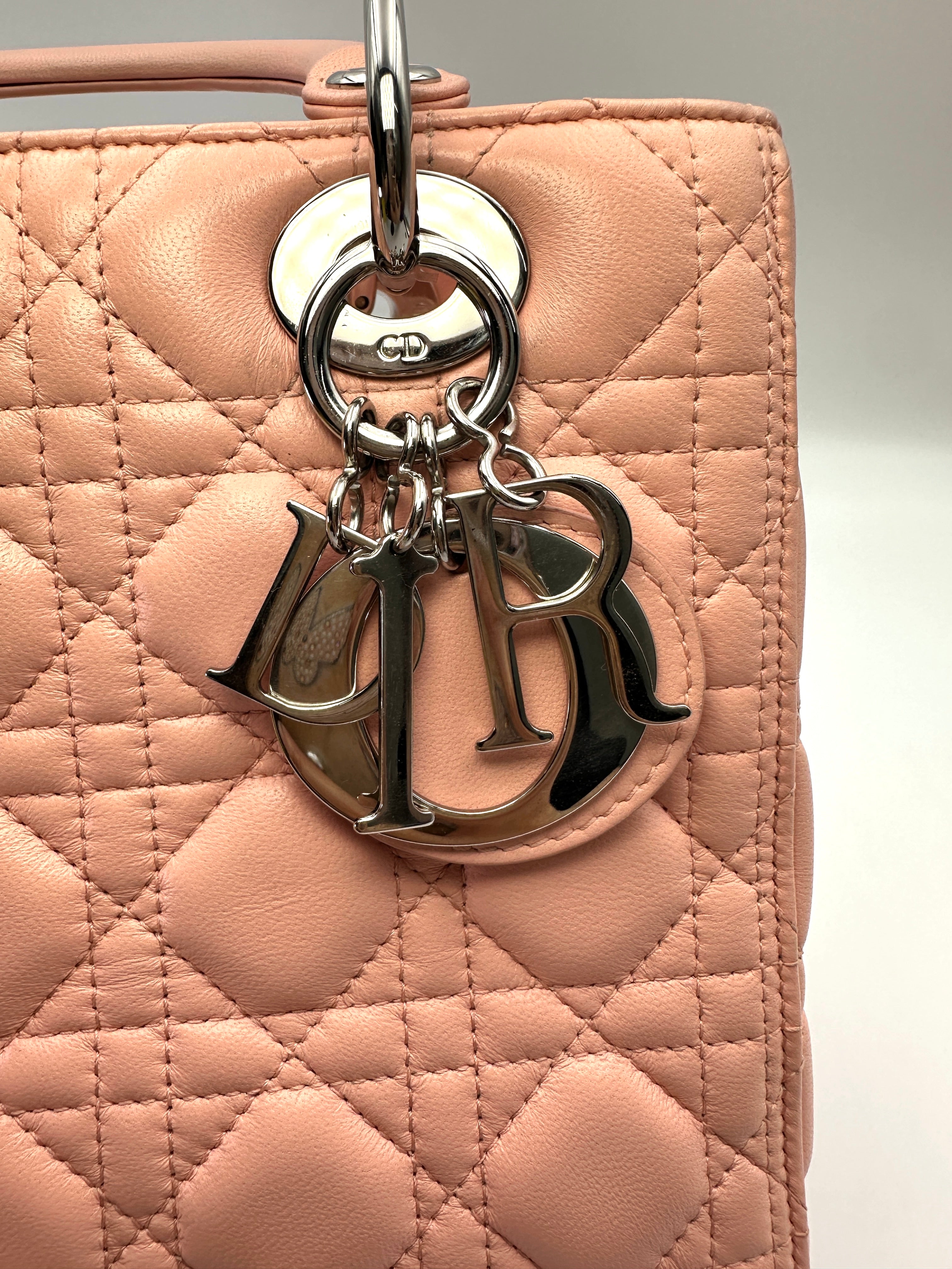 Christian Dior Lady Dior Pink Cannage Leather Handle Bag With Silver Charms DR803