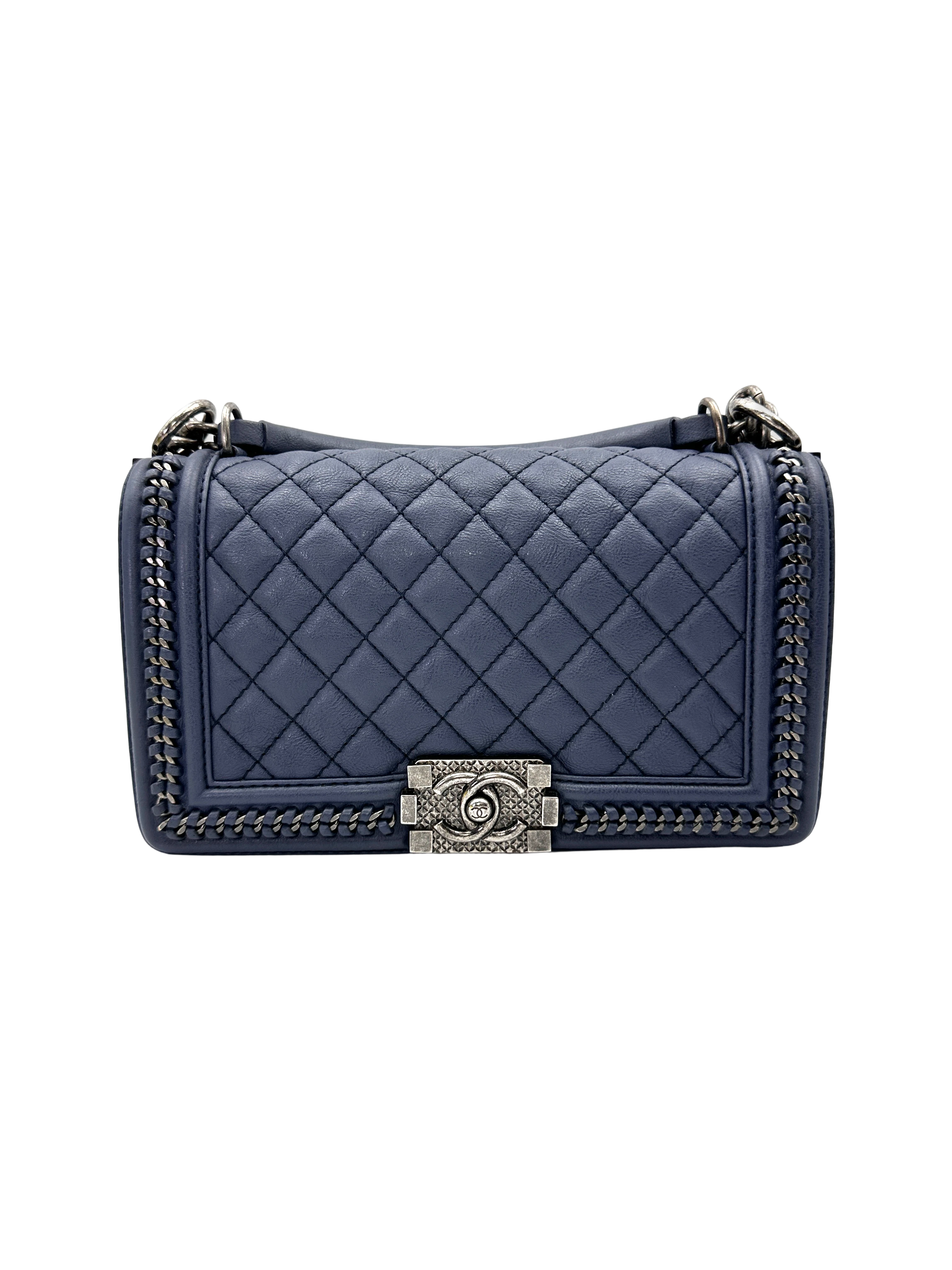 Chanel LeBoy Blue Quilted Leather Medium Size Top Handle Flap Bag With Silver Buckle(23***76)  CC2176