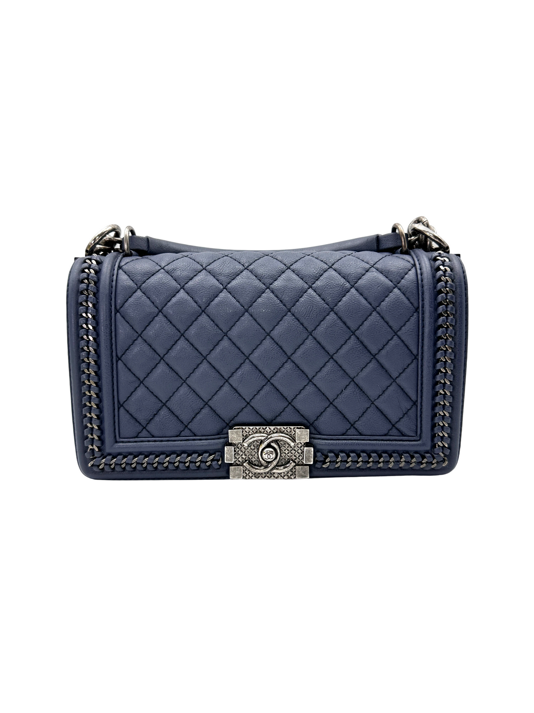 Chanel LeBoy Blue Quilted Leather Medium Size Top Handle Flap Bag With Silver Buckle(23***76)  CC2176