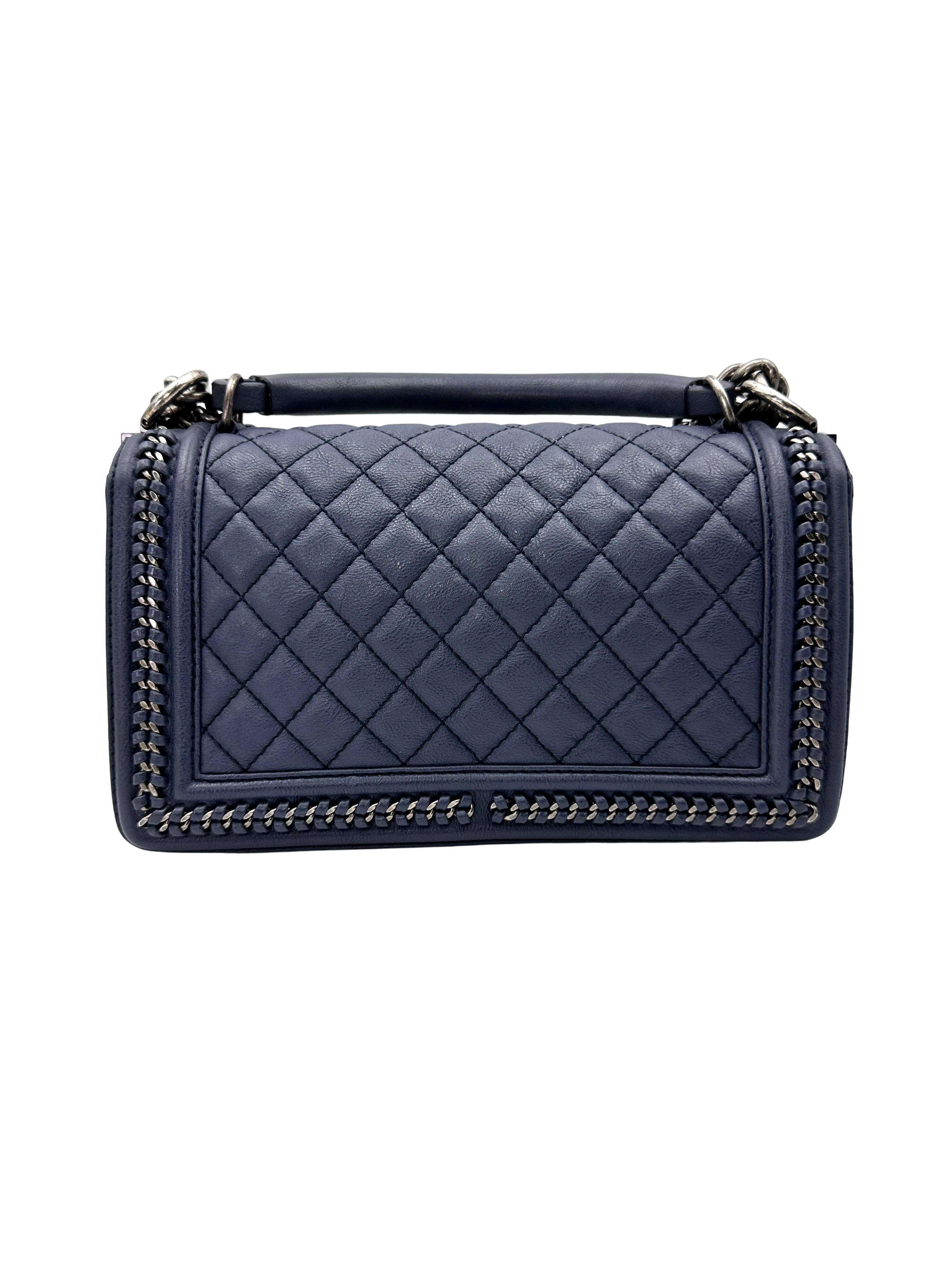 Chanel LeBoy Blue Quilted Leather Medium Size Top Handle Flap Bag With Silver Buckle(23***76)  CC2176