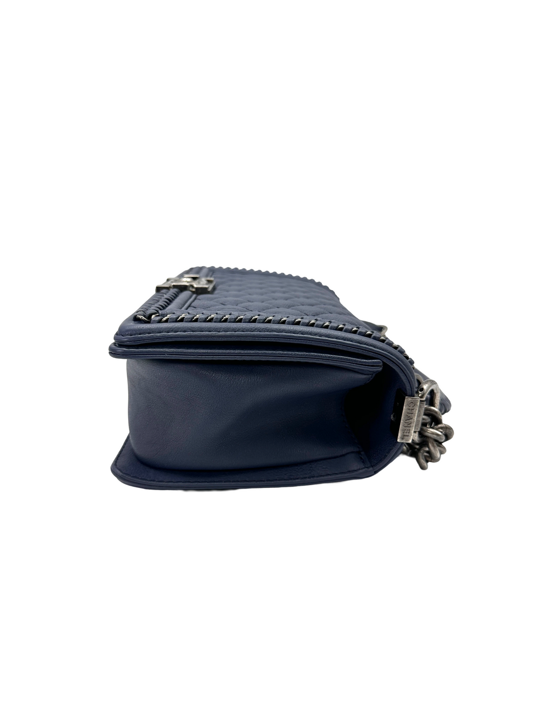 Chanel LeBoy Blue Quilted Leather Medium Size Top Handle Flap Bag With Silver Buckle(23***76)  CC2176
