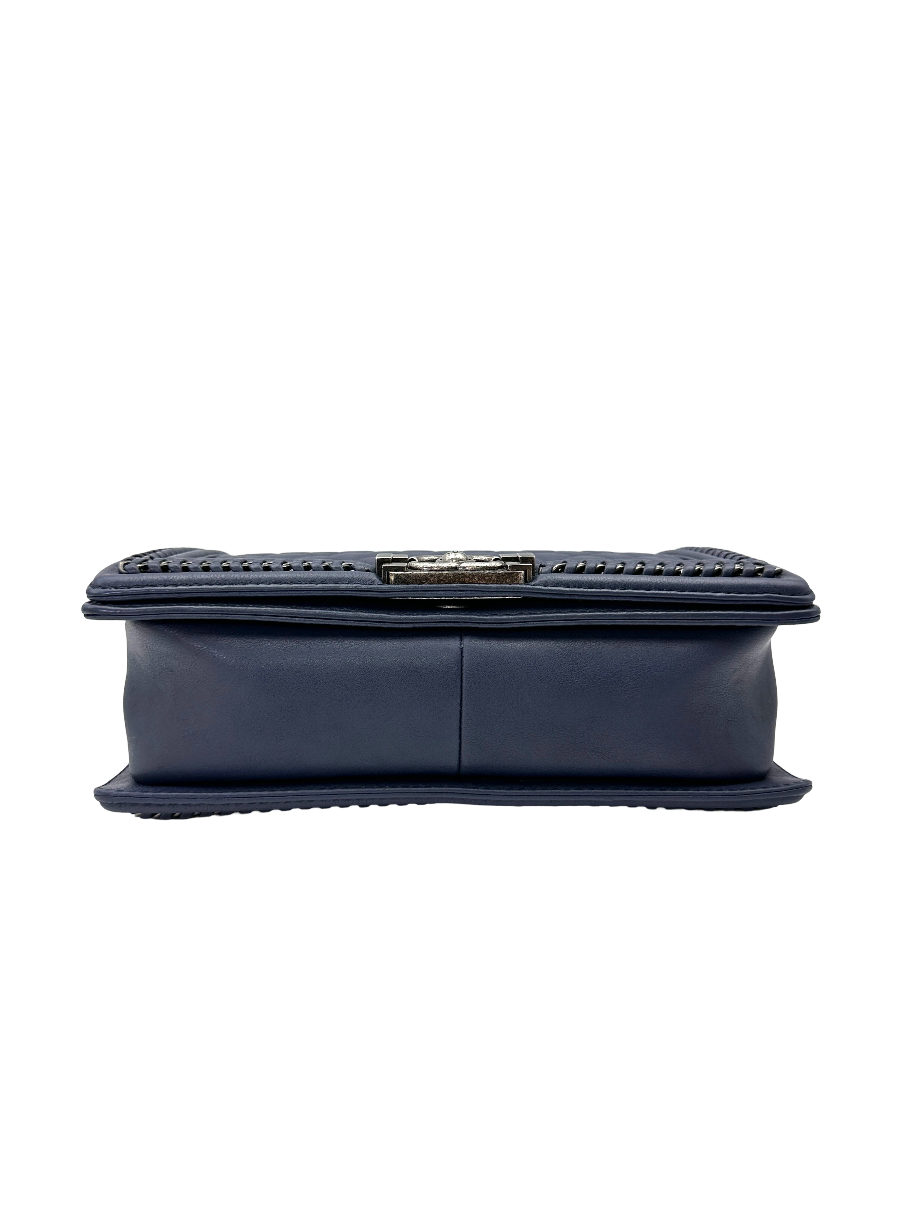 Chanel LeBoy Blue Quilted Leather Medium Size Top Handle Flap Bag With Silver Buckle(23***76)  CC2176