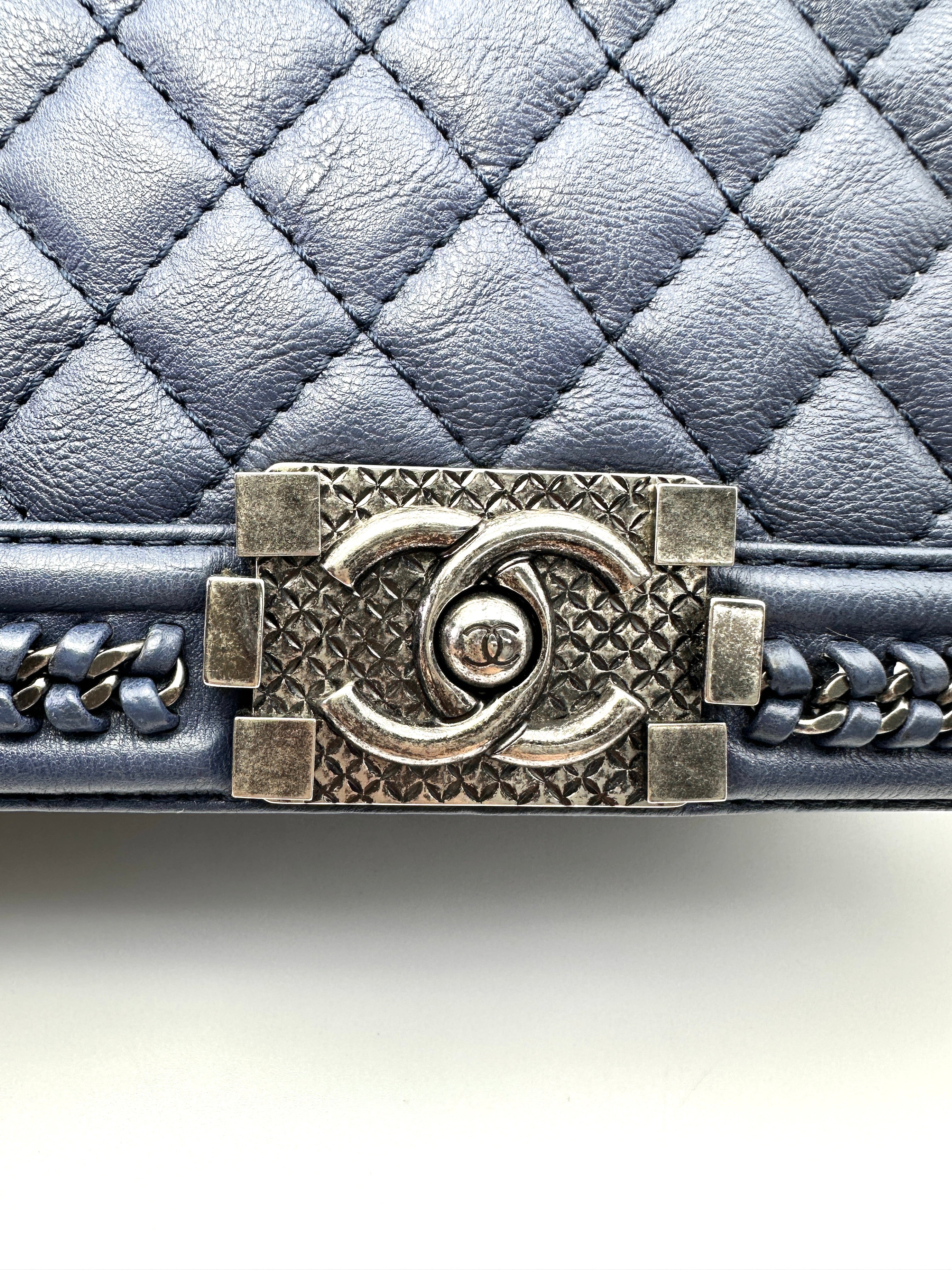 Chanel LeBoy Blue Quilted Leather Medium Size Top Handle Flap Bag With Silver Buckle(23***76)  CC2176