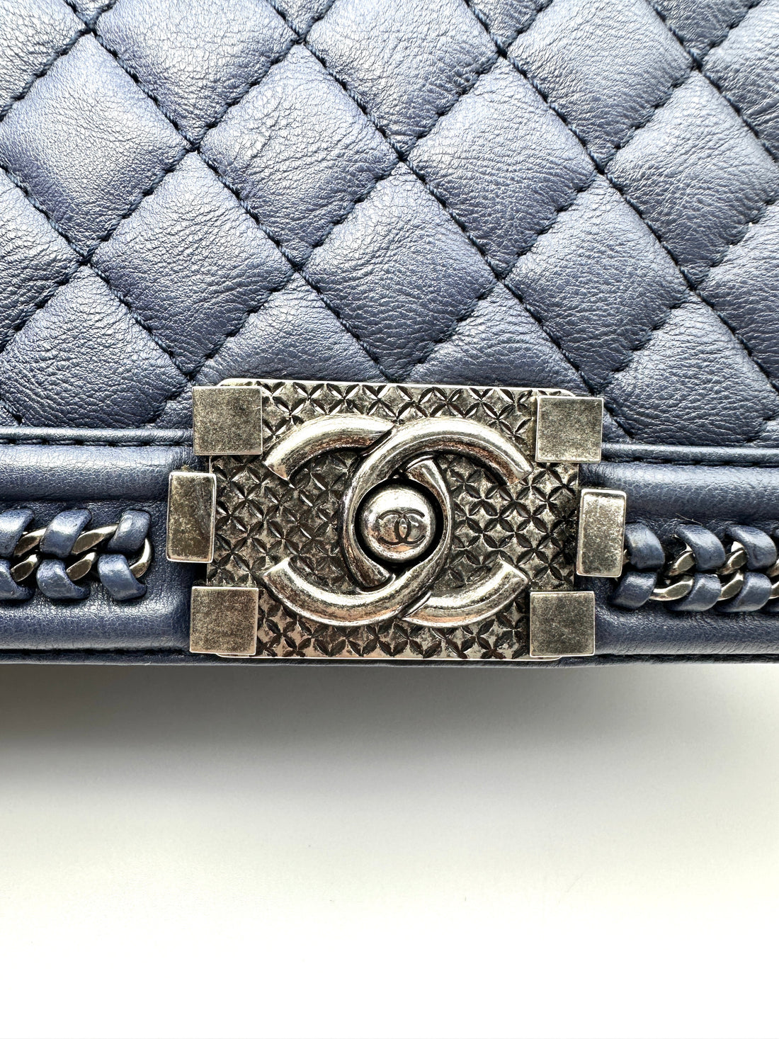 Chanel LeBoy Blue Quilted Leather Medium Size Top Handle Flap Bag With Silver Buckle(23***76)  CC2176