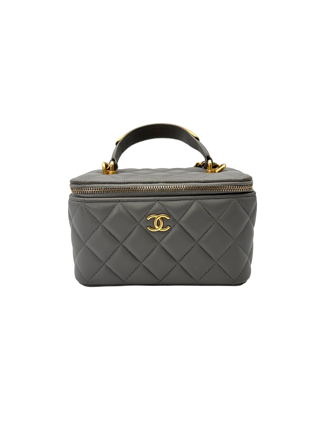 Chanel 22B Grey Quilted Lambskin Top Handle Vanity Case With Gold Hardware(C8***J6) CC2175
