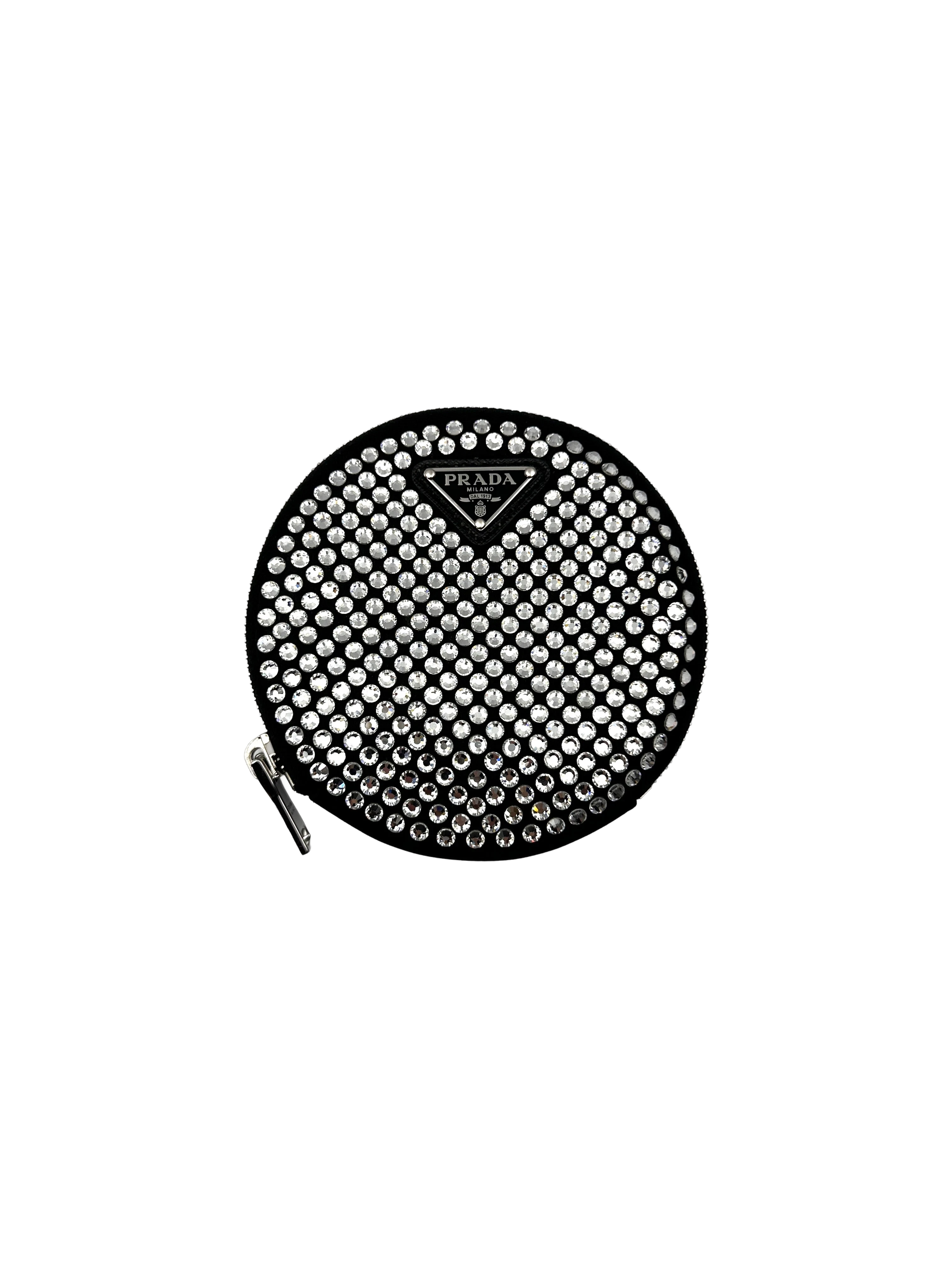 Prada Black Satin Crystal-Embellished Round Clutch PR488
