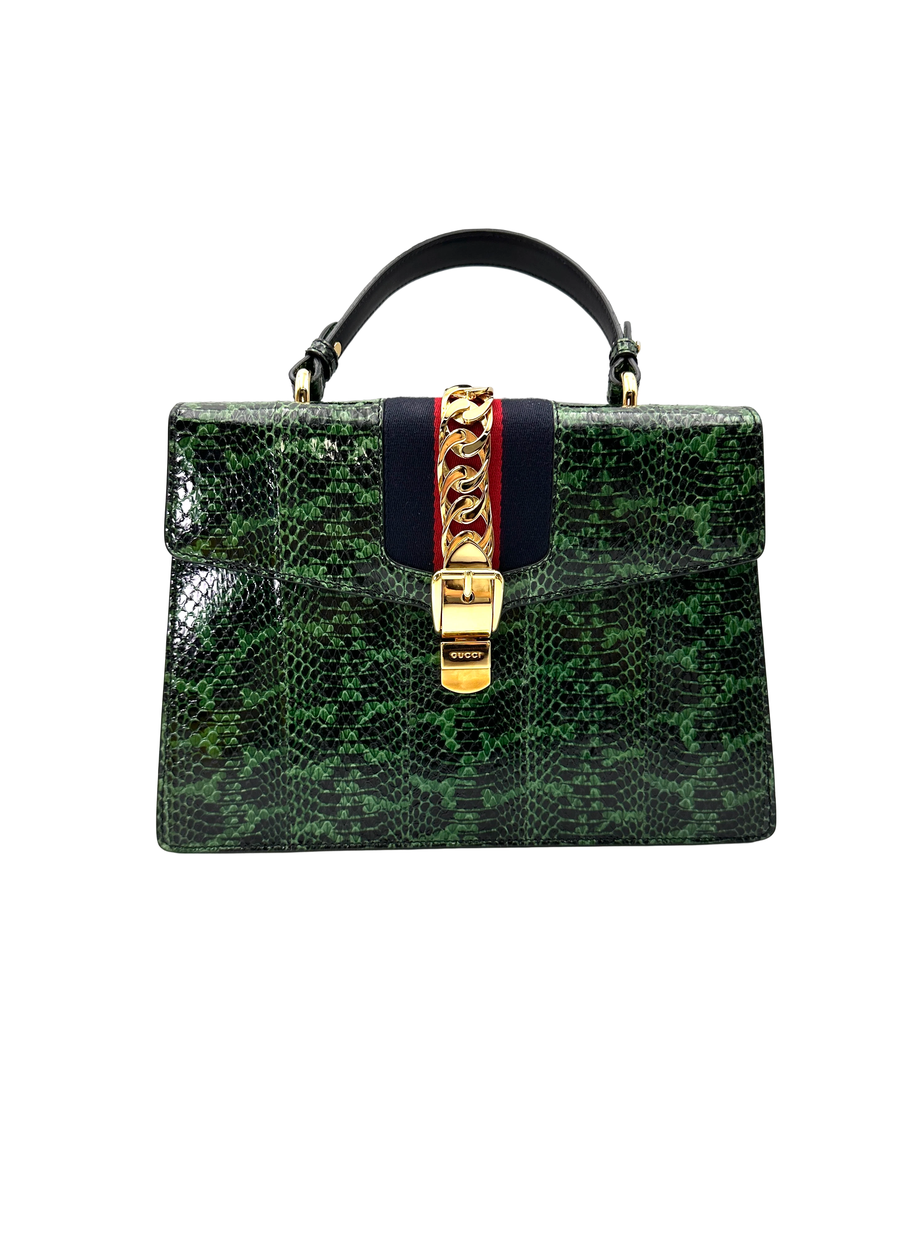 Gucci Sylvie Green Python Leather Large Size Handle Bag GG1331
