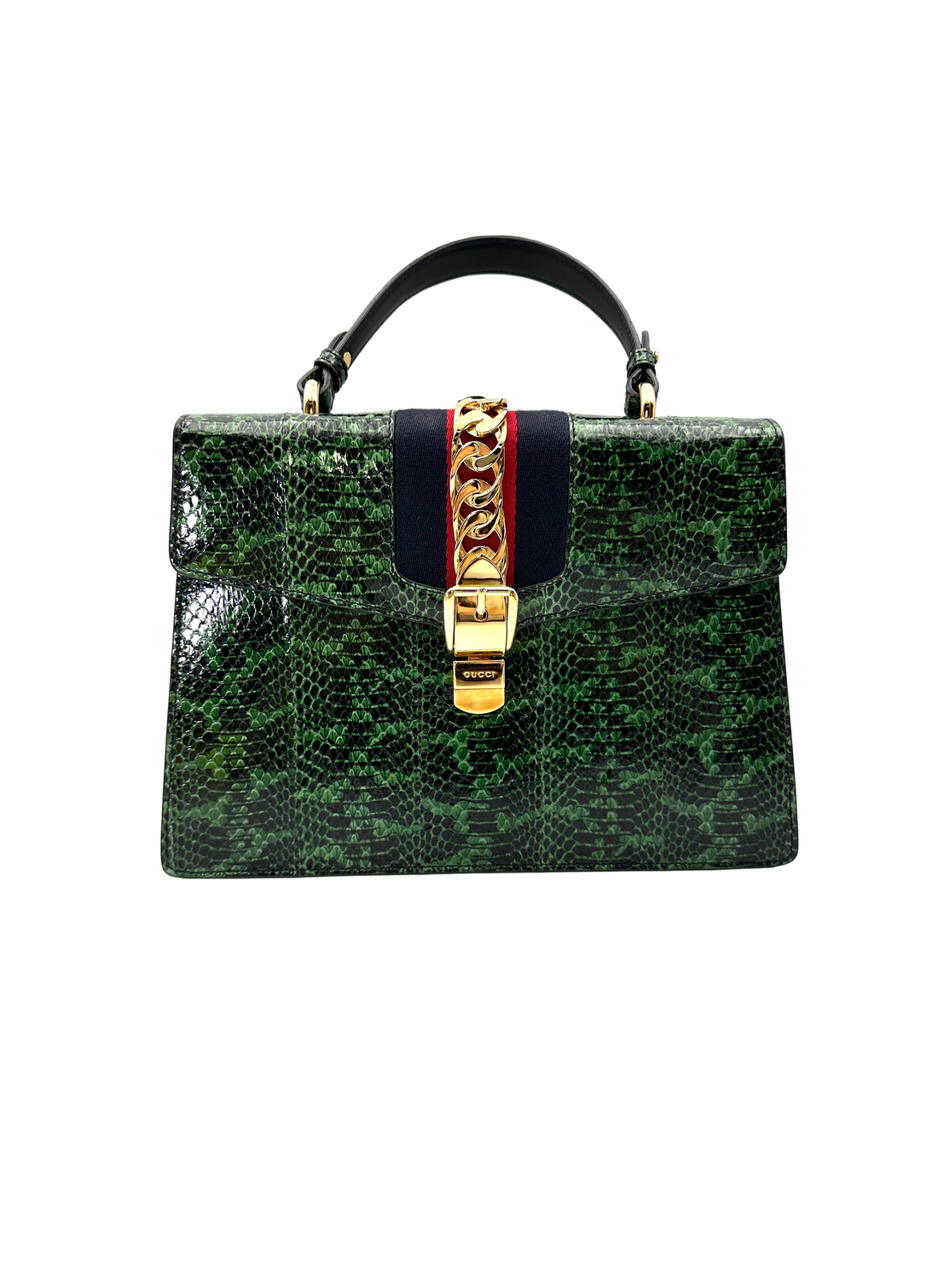 Gucci Sylvie Green Python Leather Large Size Handle Bag GG1331
