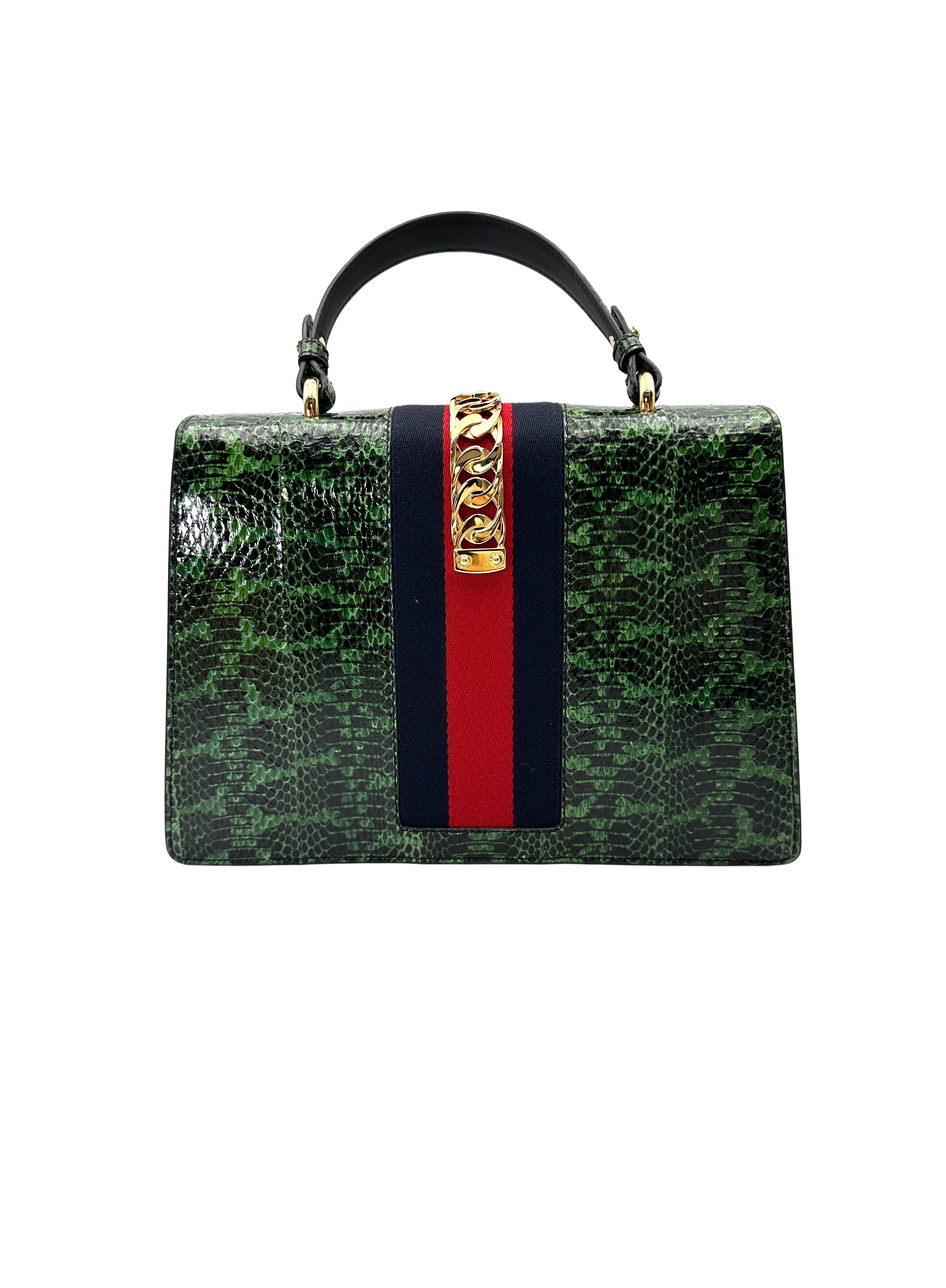 Gucci Sylvie Green Python Leather Large Size Handle Bag GG1331