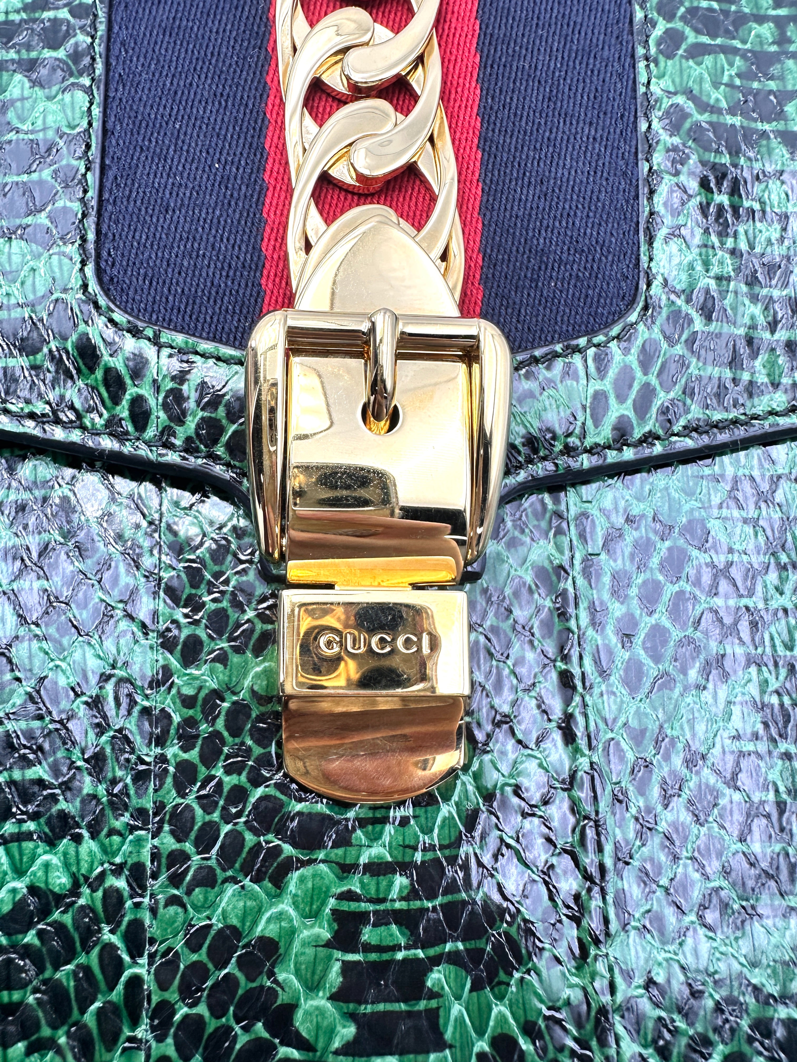 Gucci Sylvie Green Python Leather Large Size Handle Bag GG1331