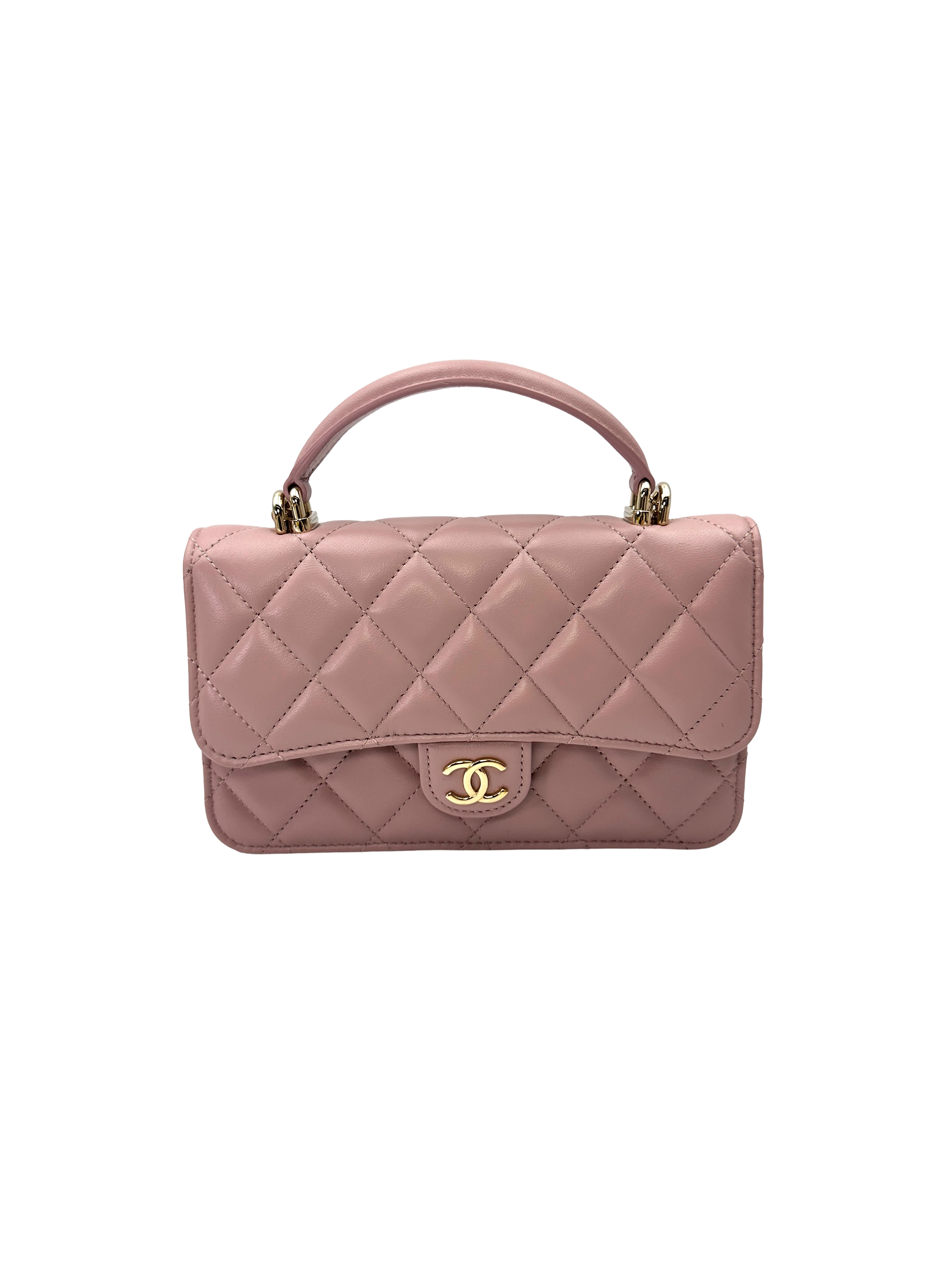 Chanel Classic Flap Pink Quilted Lambskin Top Handle Shoulder Bag(XU***XC) IRIS247
