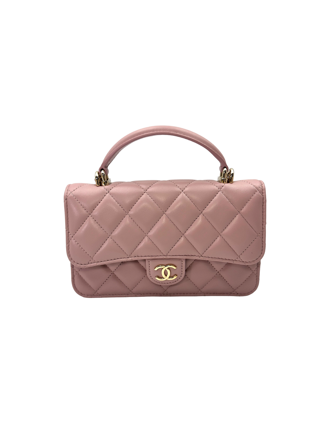 Chanel Classic Flap Pink Quilted Lambskin Top Handle Shoulder Bag(XU***XC) IRIS247