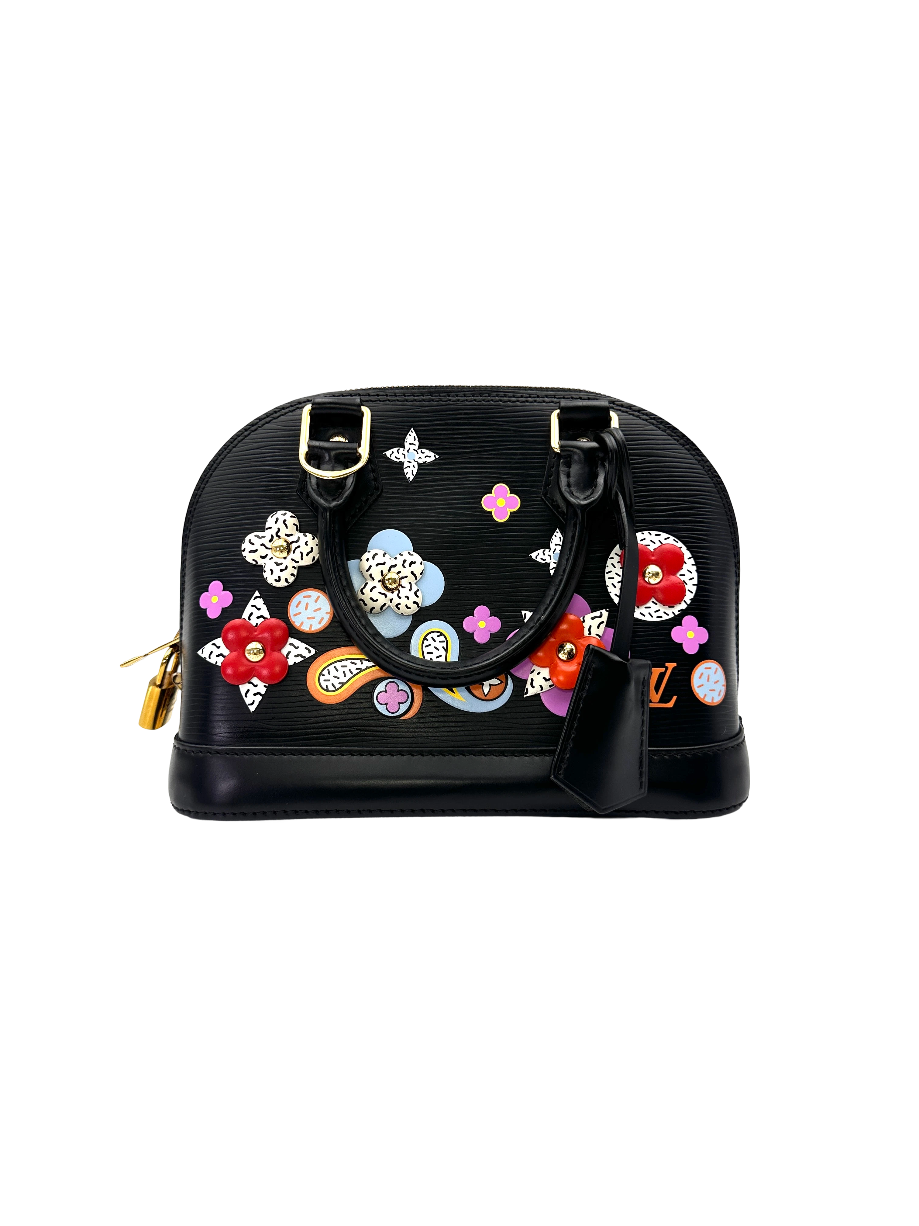 Louis Vuitton Alma BB Multicolor Flower Embellished Black Epi Leather Handle Bag LV3045