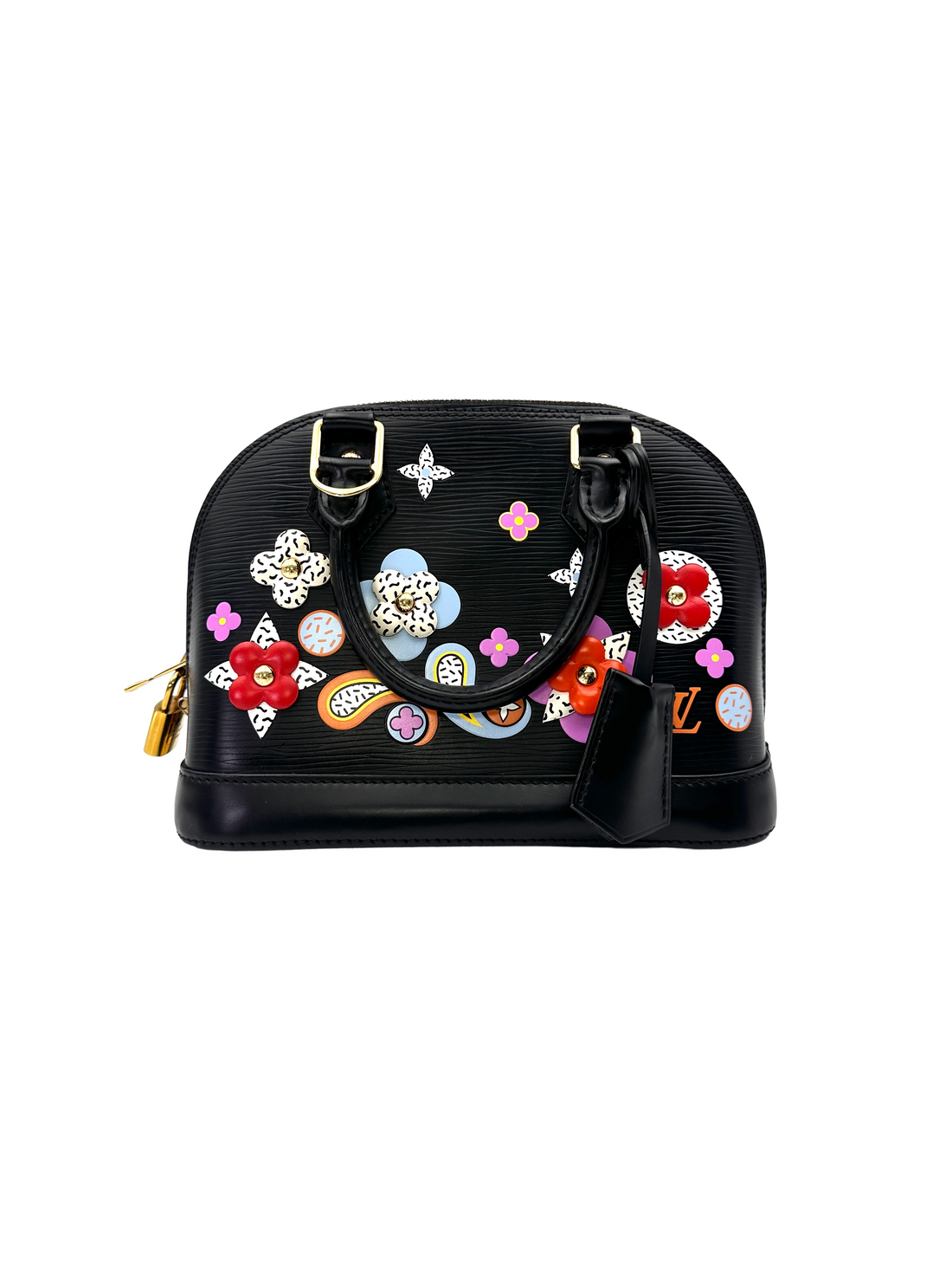 Louis Vuitton Alma BB Multicolor Flower Embellished Black Epi Leather Handle Bag LV3045
