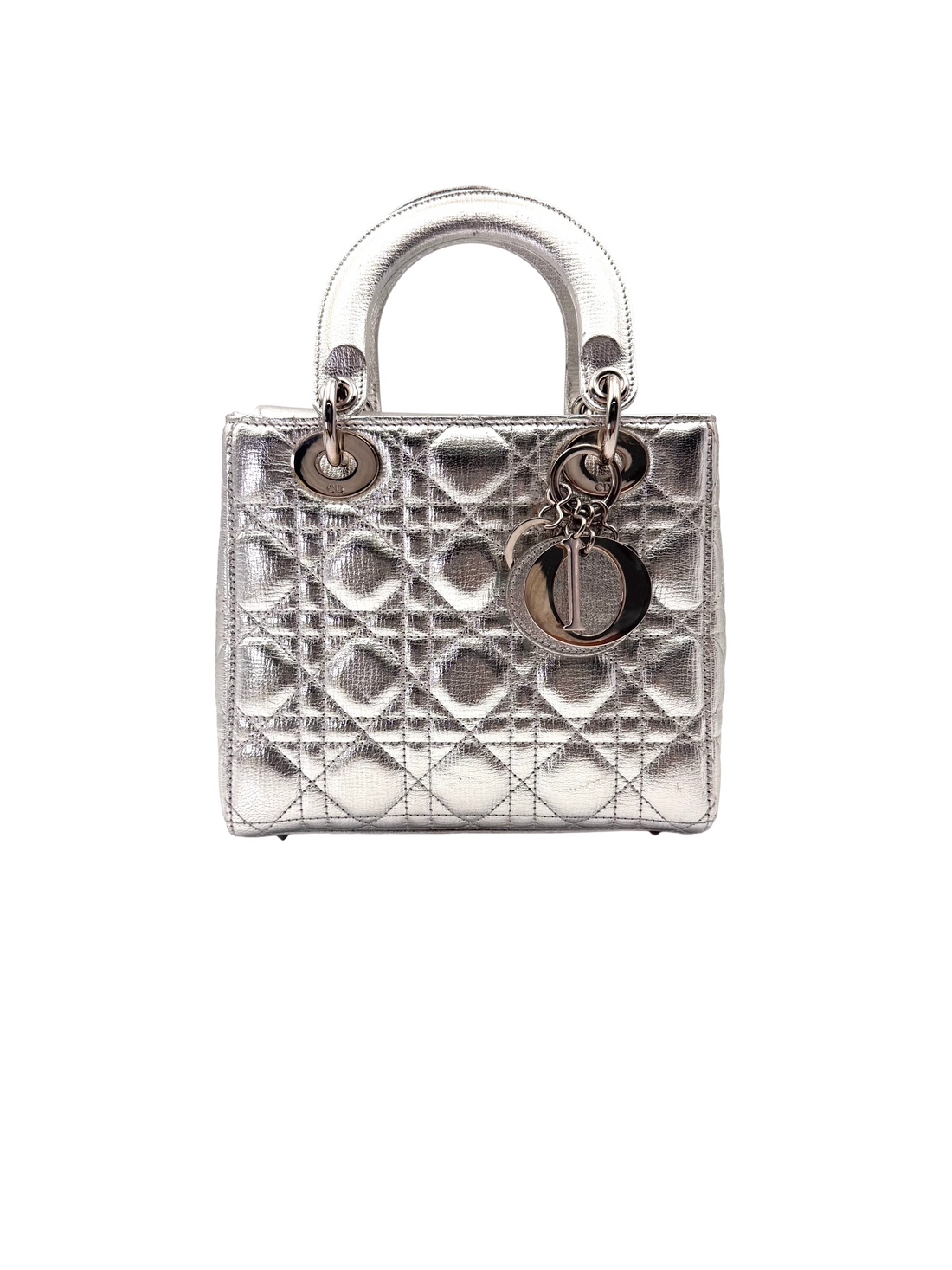 Christian Dior Lady Dior Metallic Silver Cannage Leather Handle Bag With Silver Charms DR805