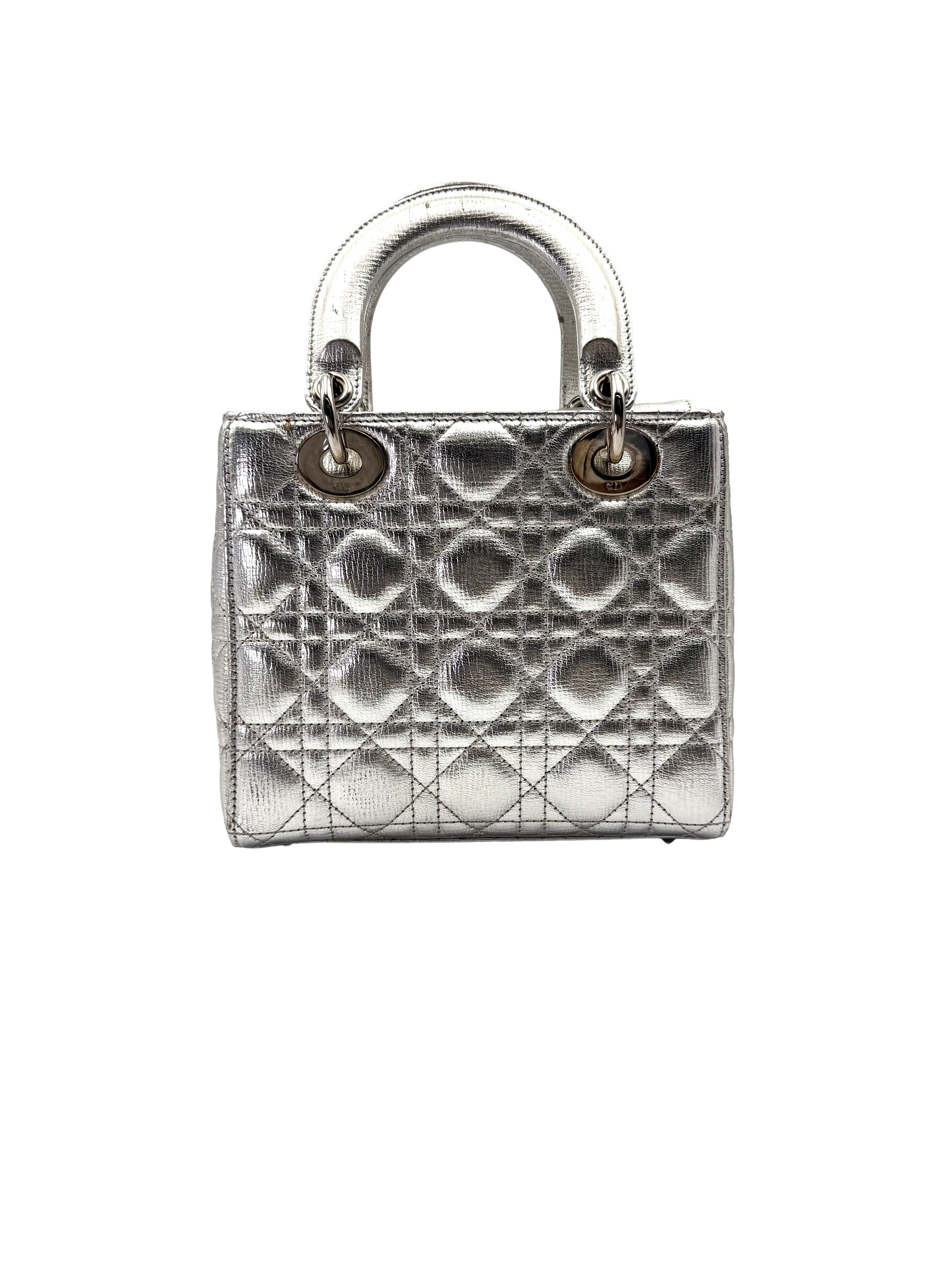 Christian Dior Lady Dior Metallic Silver Cannage Leather Handle Bag With Silver Charms DR805