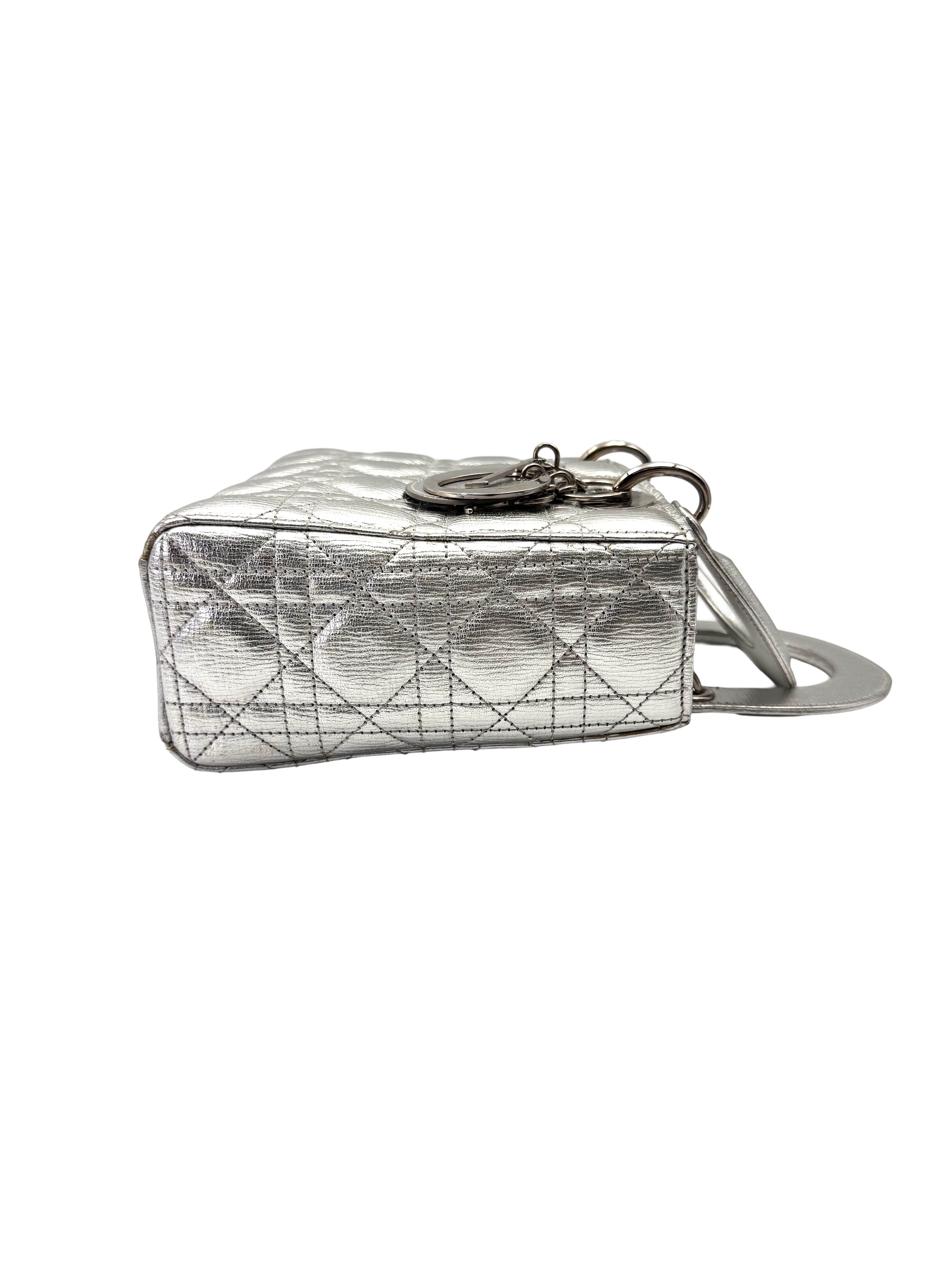 Christian Dior Lady Dior Metallic Silver Cannage Leather Handle Bag With Silver Charms DR805