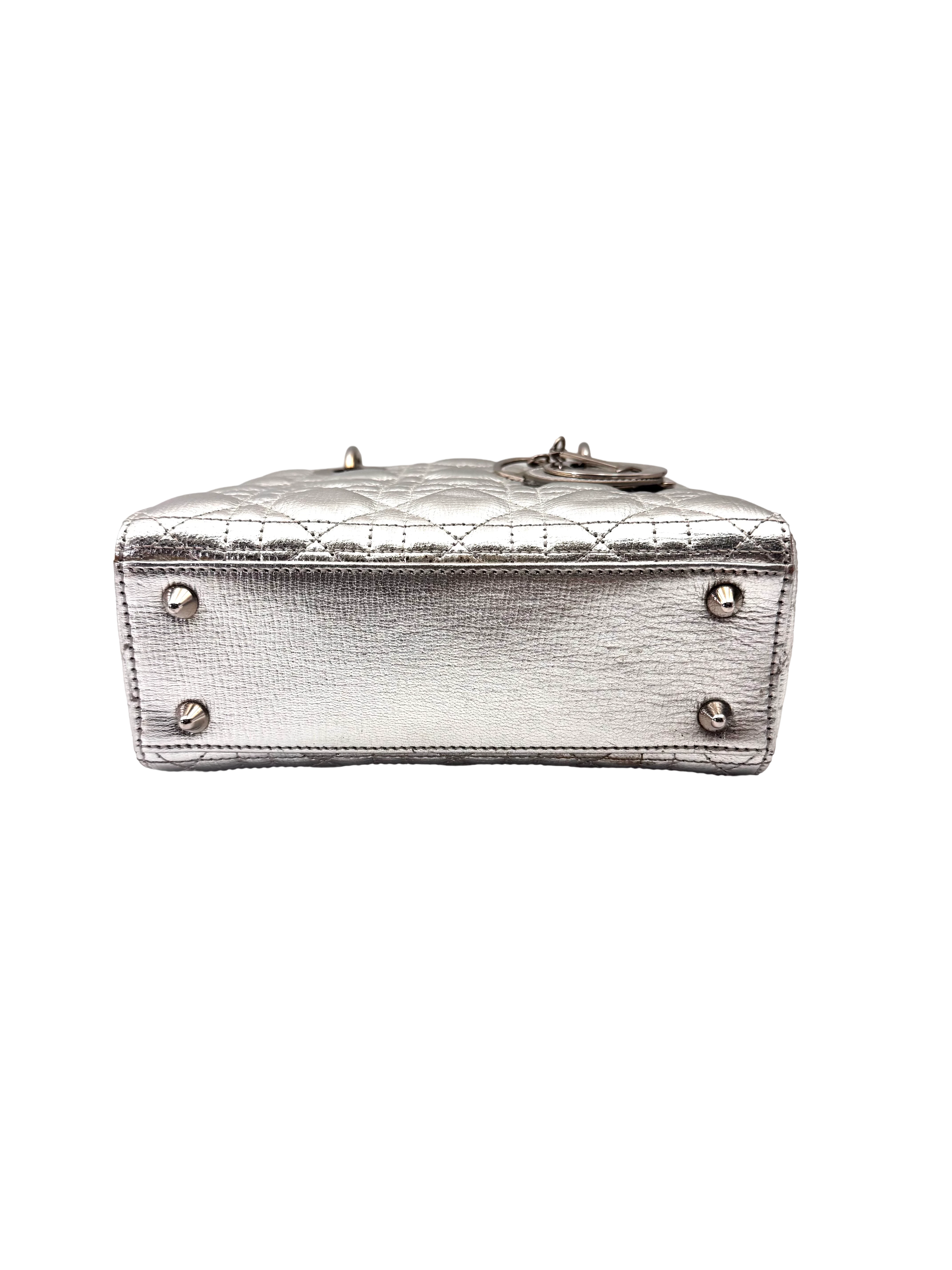 Christian Dior Lady Dior Metallic Silver Cannage Leather Handle Bag With Silver Charms DR805