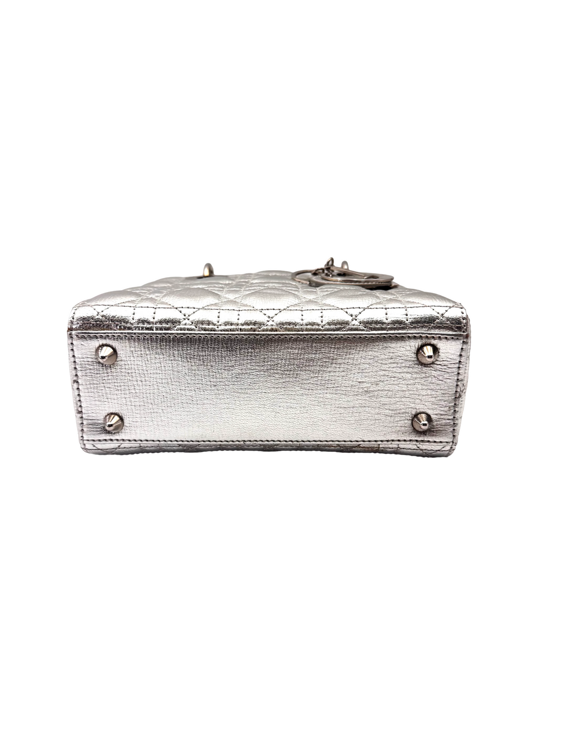 Christian Dior Lady Dior Metallic Silver Cannage Leather Handle Bag With Silver Charms DR805