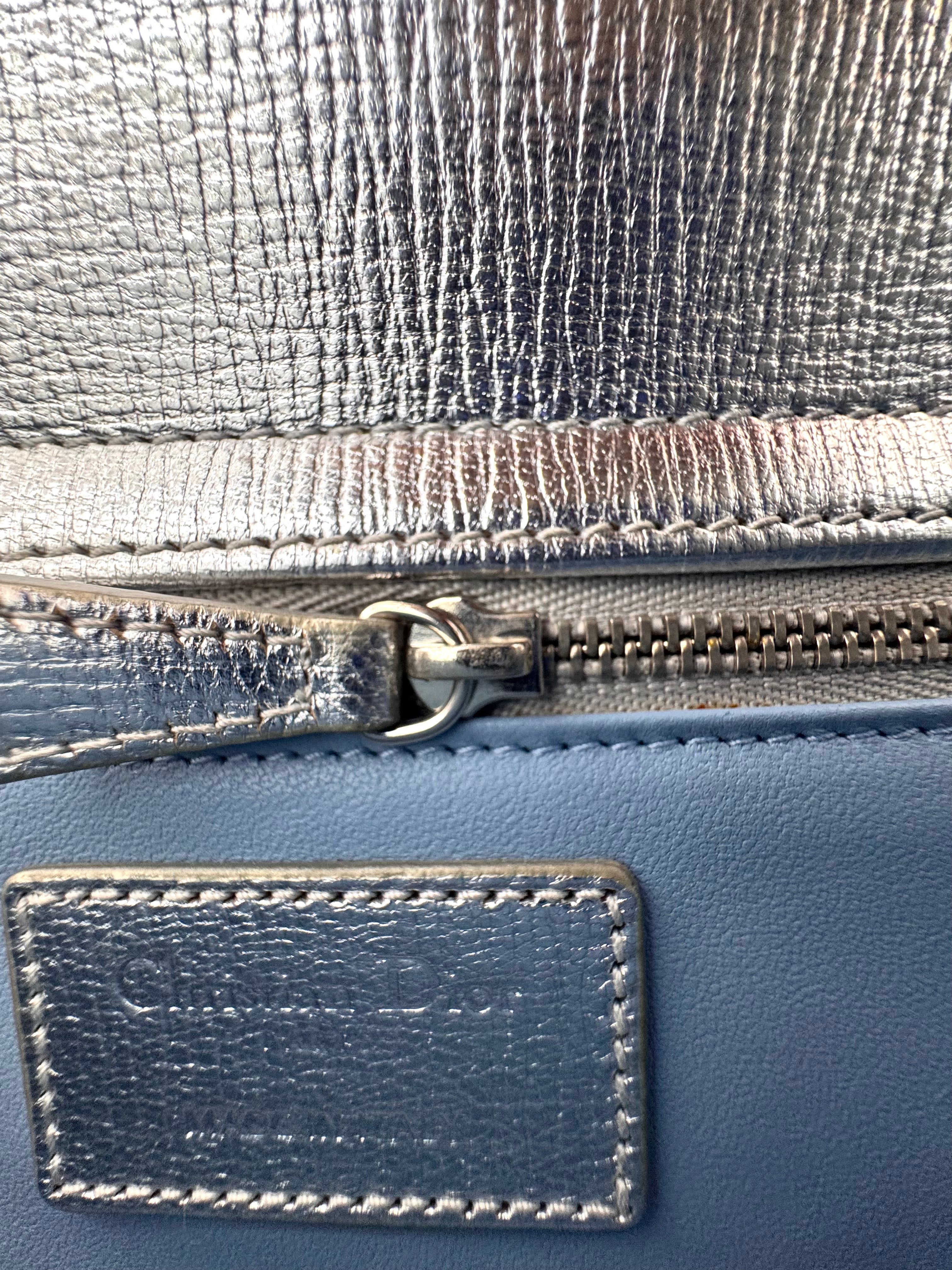Christian Dior Lady Dior Metallic Silver Cannage Leather Handle Bag With Silver Charms DR805