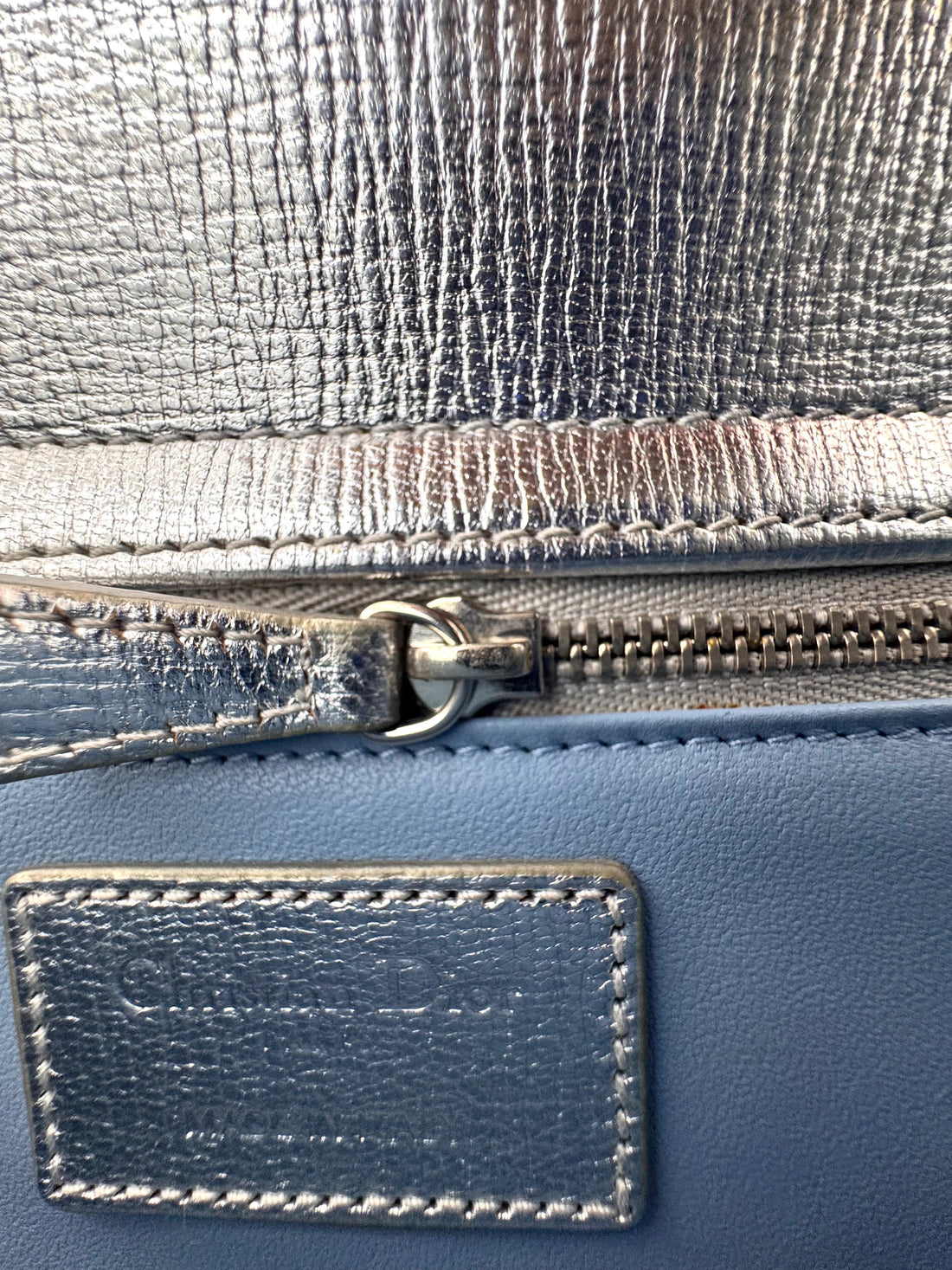 Christian Dior Lady Dior Metallic Silver Cannage Leather Handle Bag With Silver Charms DR805