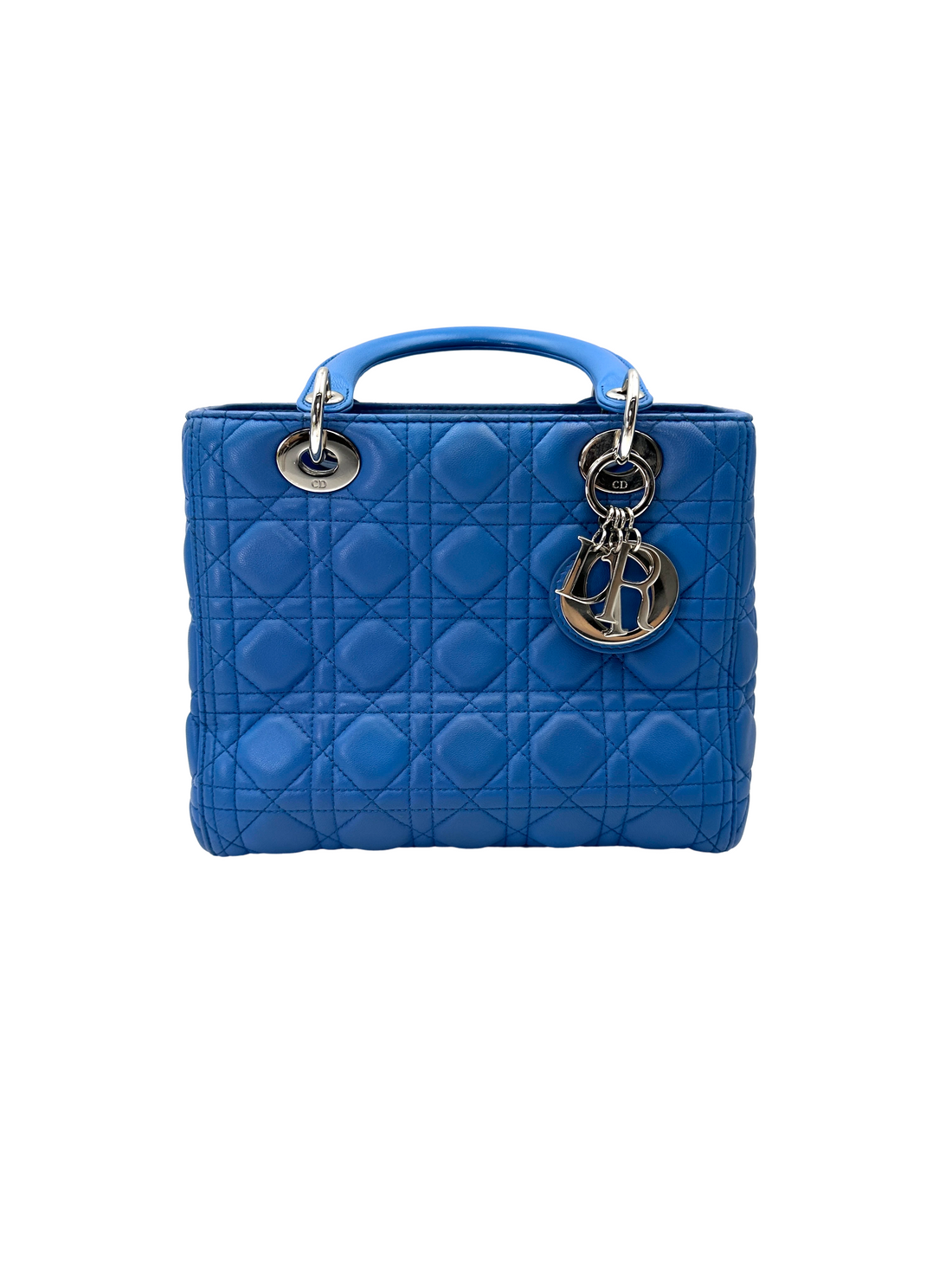 Christian Dior Lady Dior Blue Cannage Leather Handle Bag With Silver Charms DR806