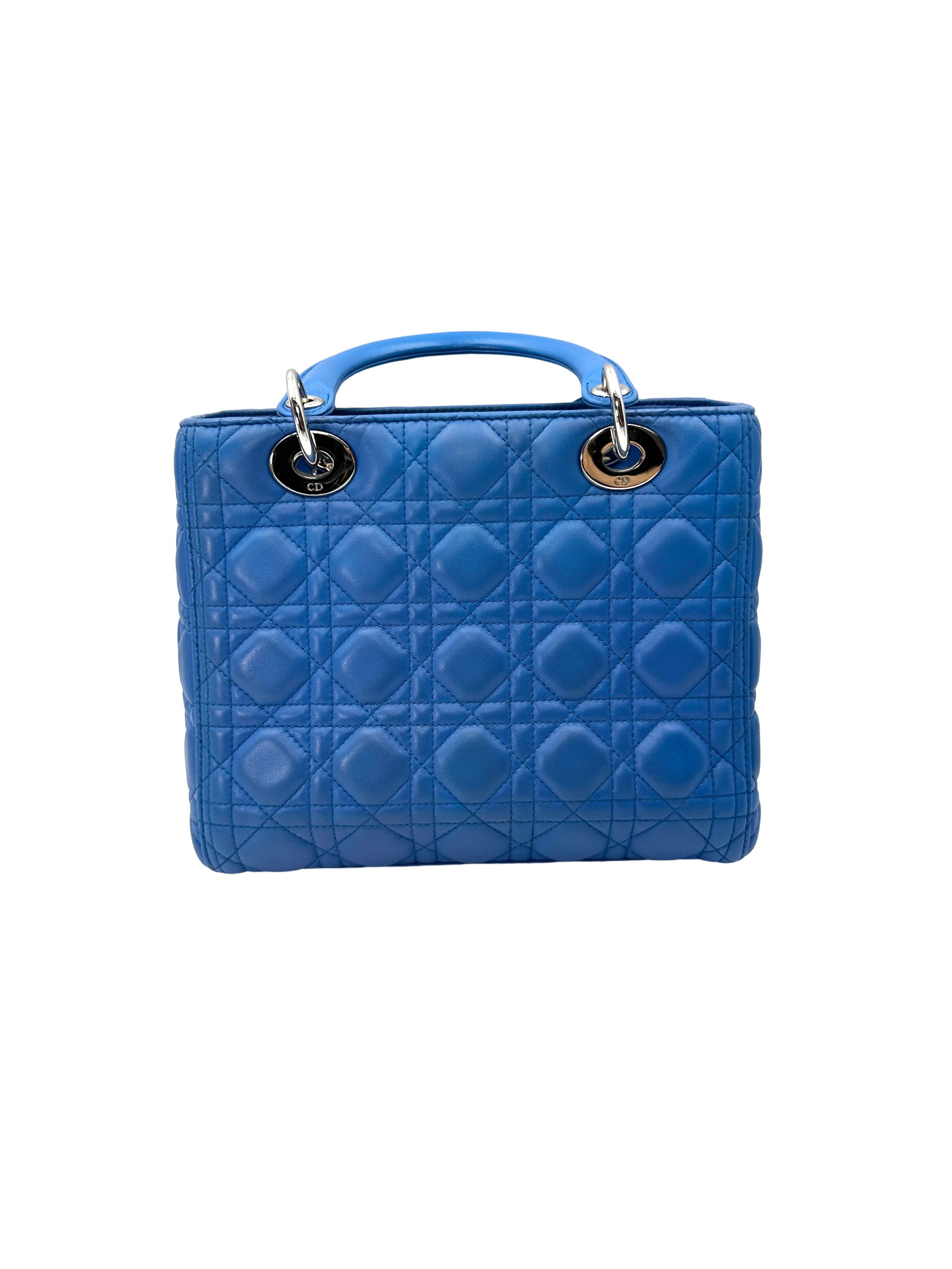 Christian Dior Lady Dior Blue Cannage Leather Handle Bag With Silver Charms DR806