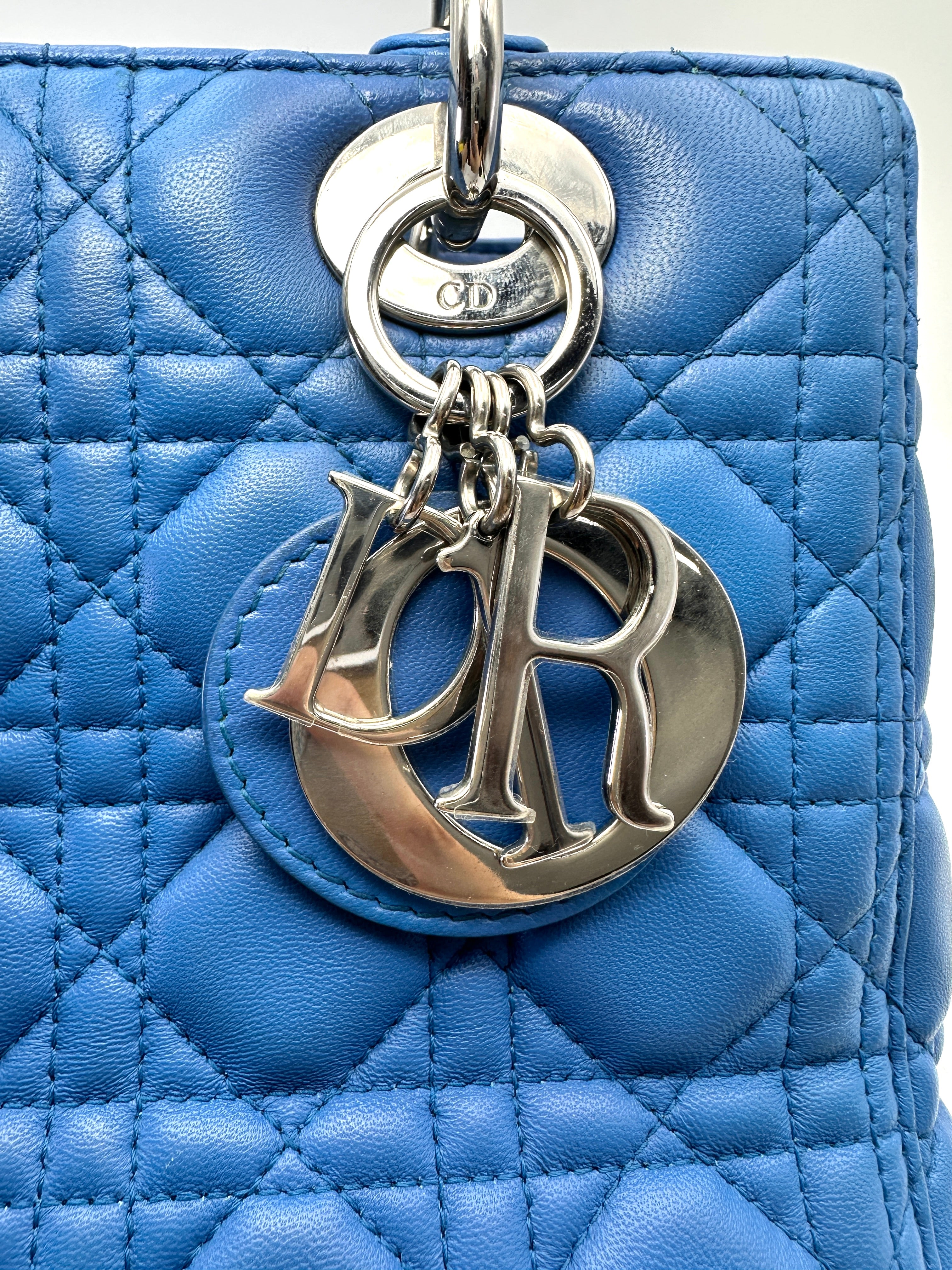 Christian Dior Lady Dior Blue Cannage Leather Handle Bag With Silver Charms DR806