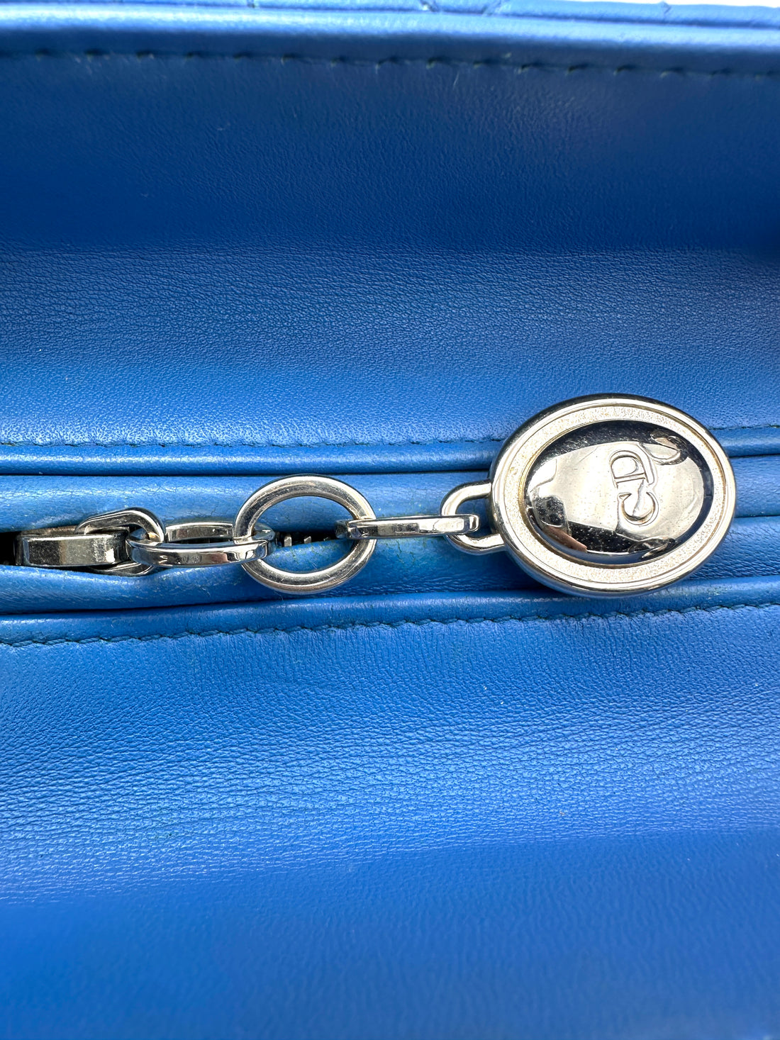 Christian Dior Lady Dior Blue Cannage Leather Handle Bag With Silver Charms DR806