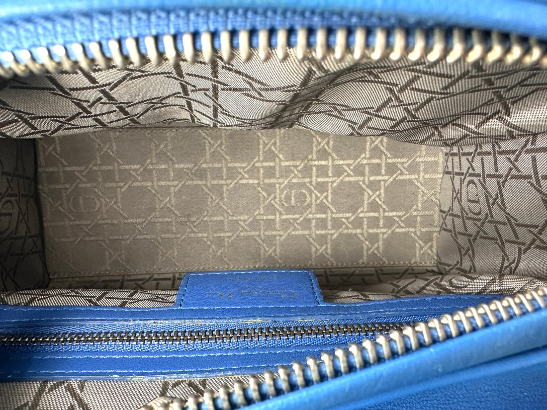 Christian Dior Lady Dior Blue Cannage Leather Handle Bag With Silver Charms DR806