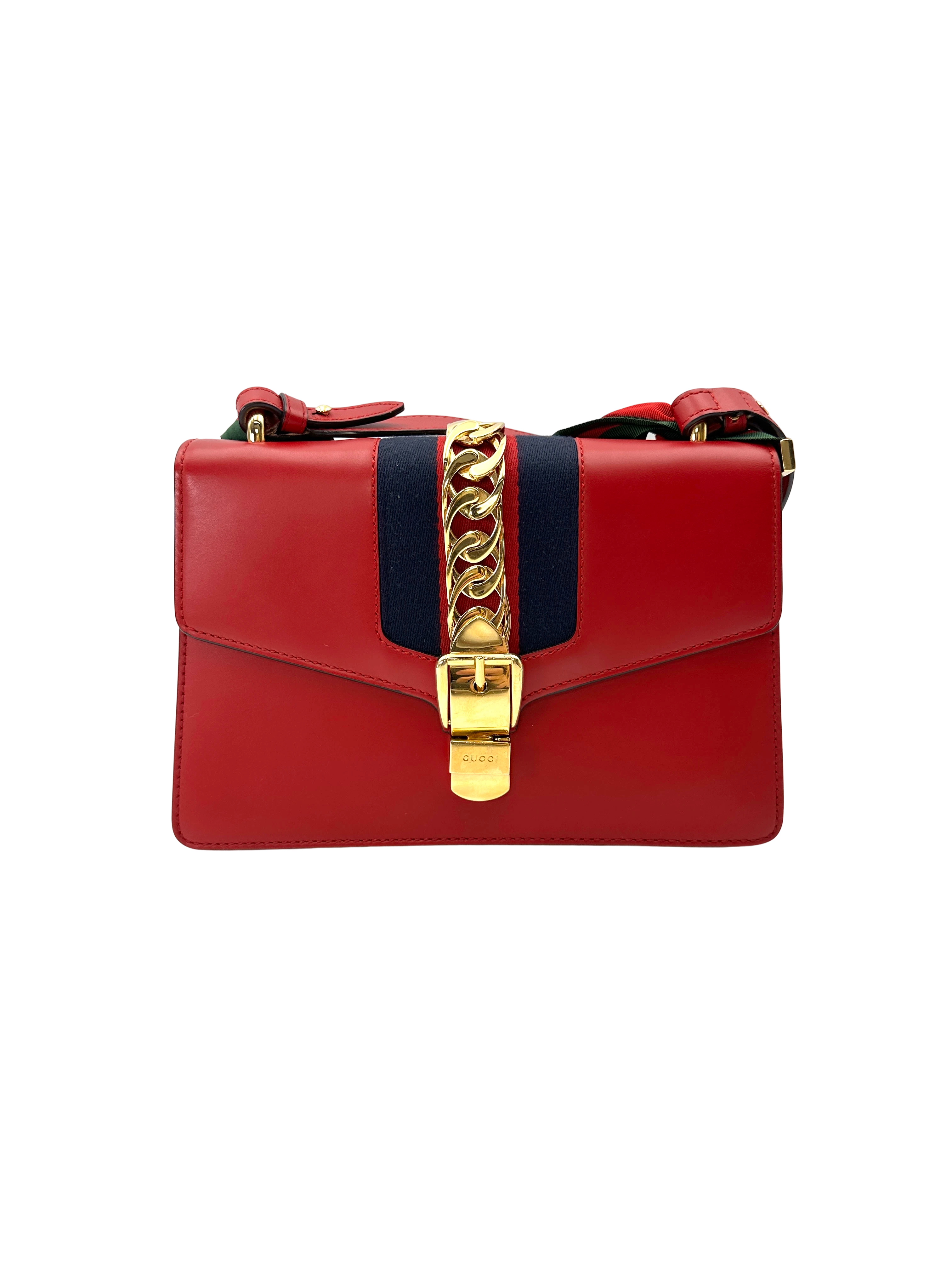 Gucci Sylvie Red Leather Medium Size Shoulder Bag GG1340
