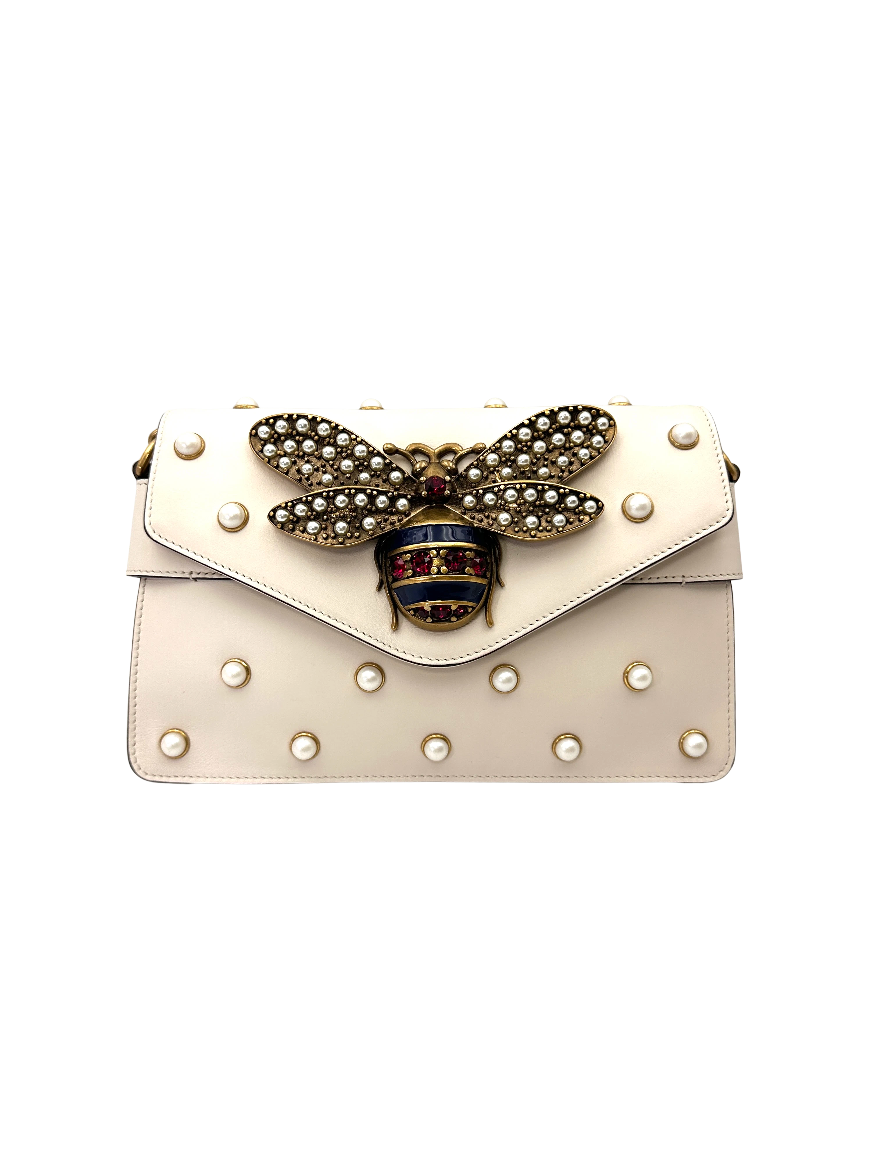 Gucci Queen Margaret Broadway Bee White Leather Pearl Studded Shoulder Bag GG1337