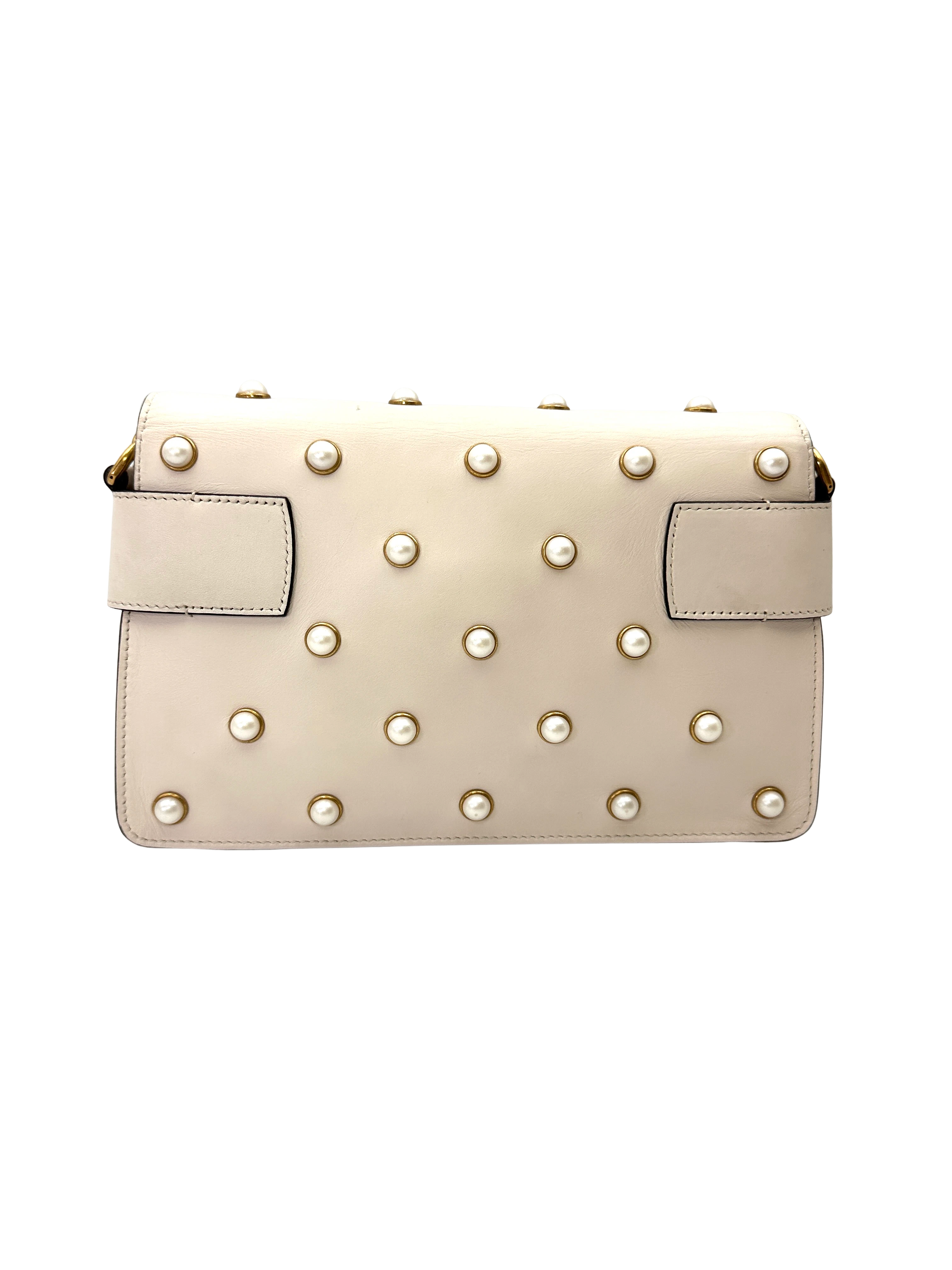 Gucci Queen Margaret Broadway Bee White Leather Pearl Studded Shoulder Bag GG1337