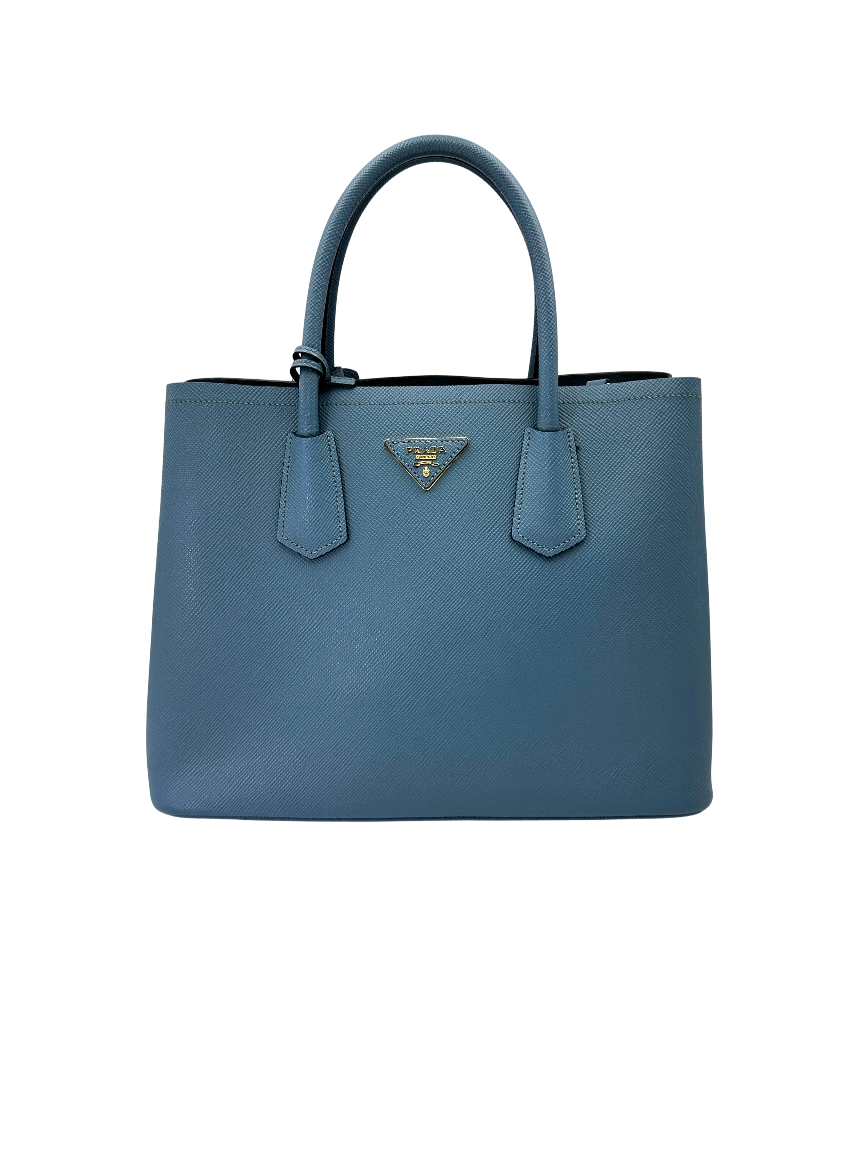 Prada Double Blue Saffiano Cuir Leather Handle Bag PR493