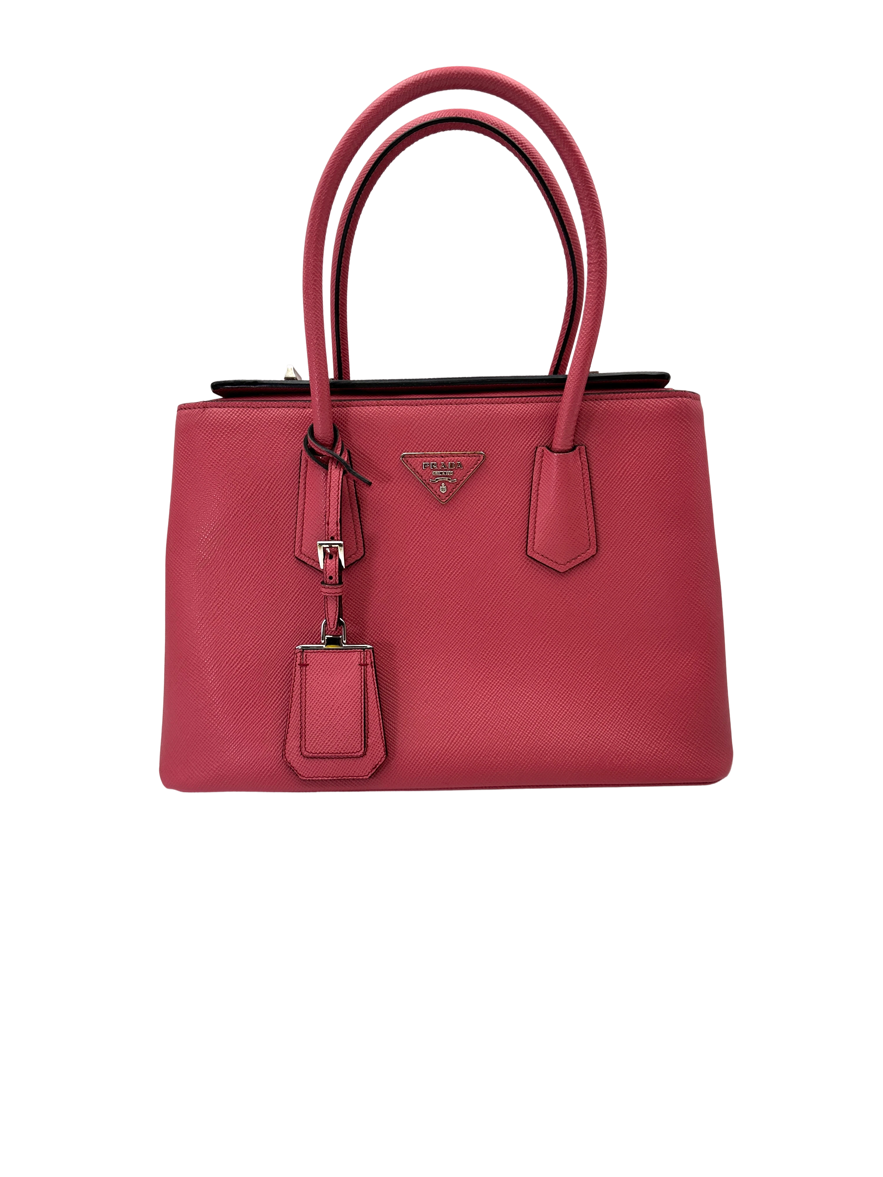 Prada Double Pink Saffiano Cuir Leather Handle Bag PR496