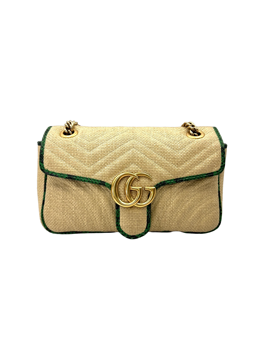 Gucci GG Marmont Beige Raffia Shoulder Bag With Green Trim GG1349