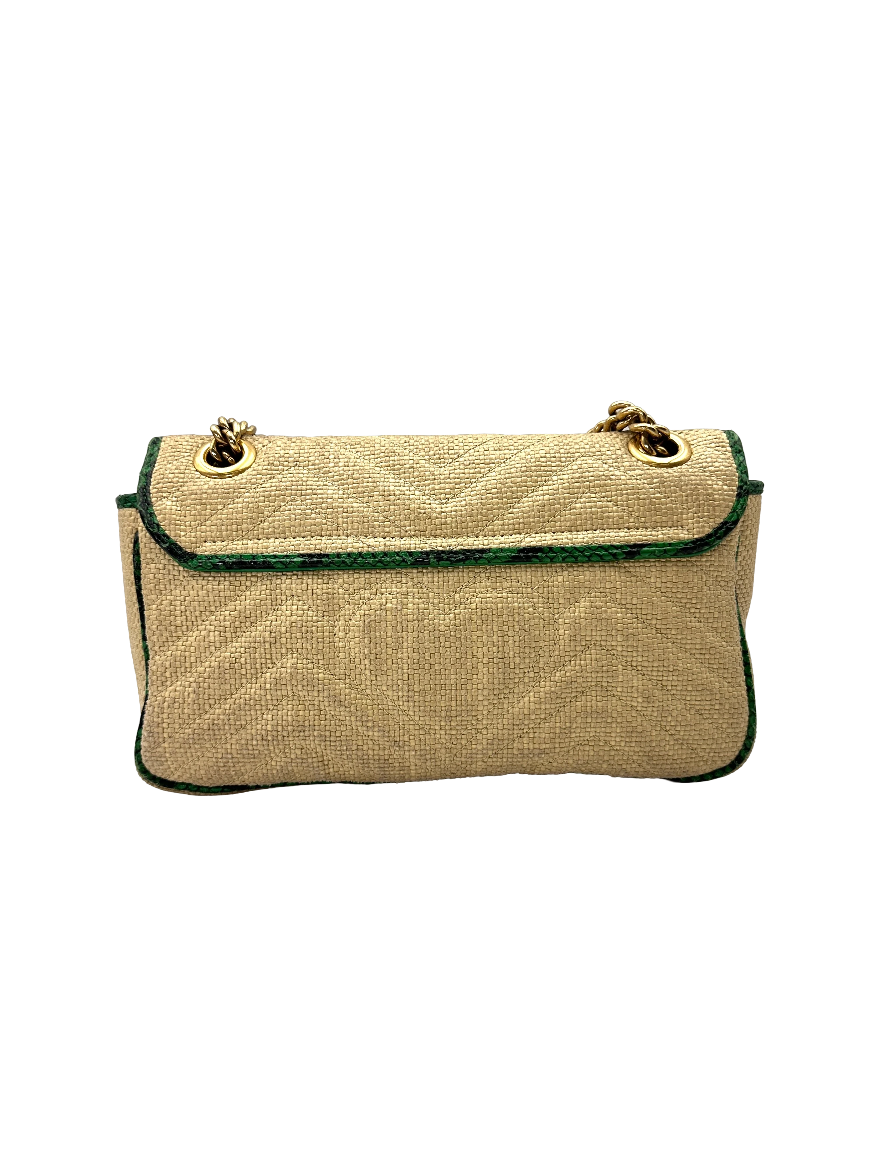 Gucci GG Marmont Beige Raffia Shoulder Bag With Green Trim GG1349