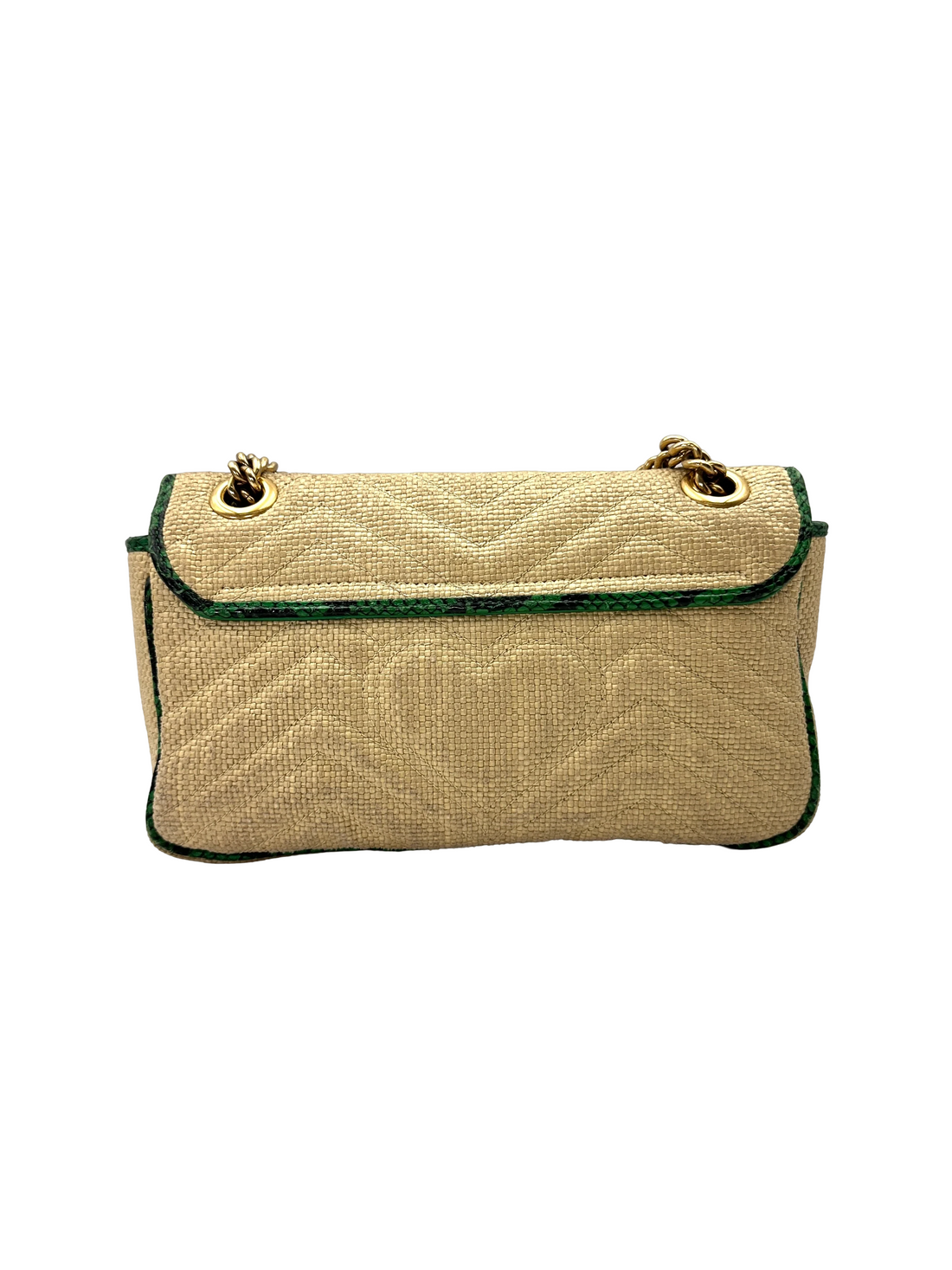 Gucci GG Marmont Beige Raffia Shoulder Bag With Green Trim GG1349
