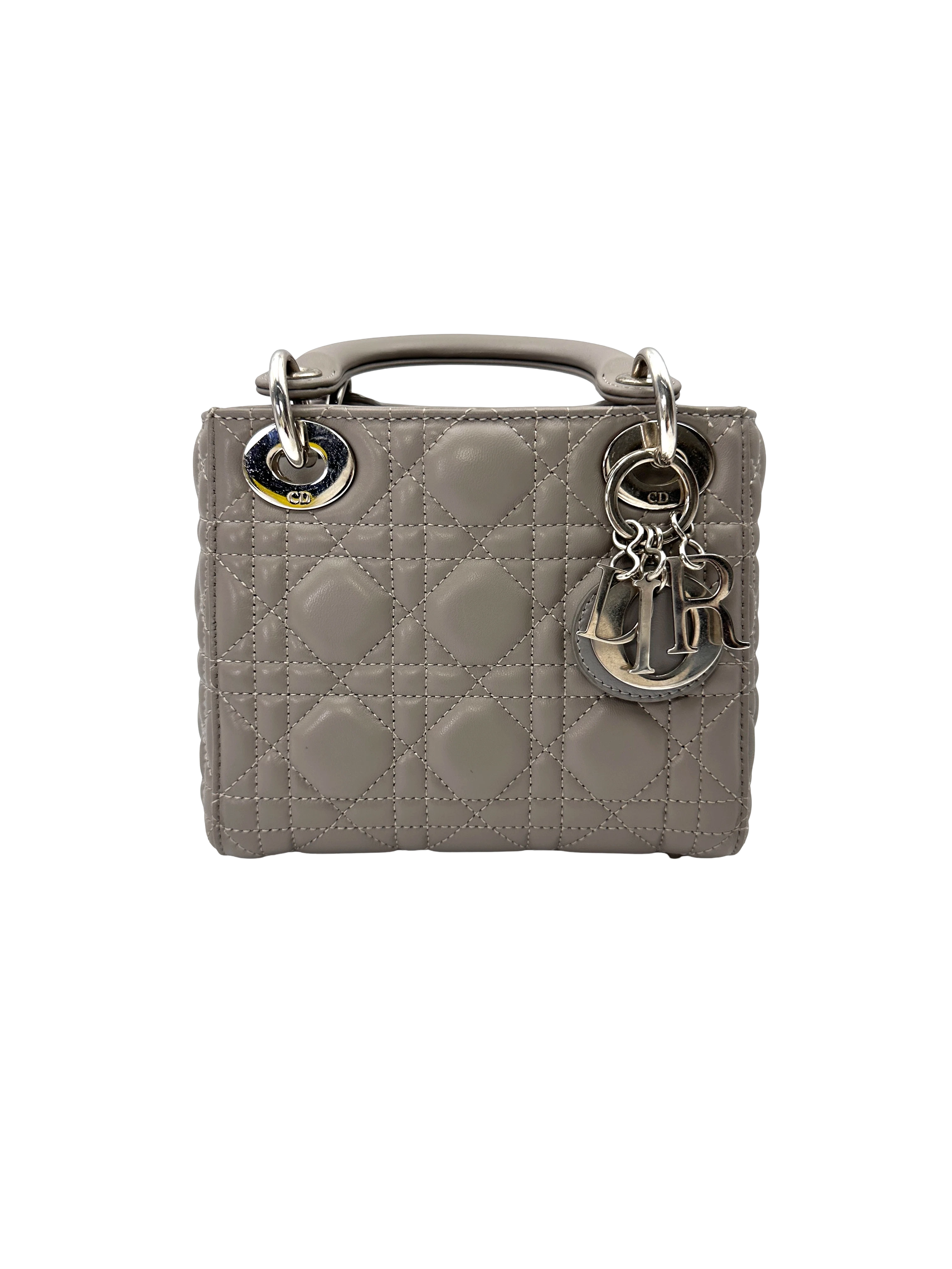 Christian Dior Lady Dior Grey Cannage Lambskin Handle Bag With Silver Charms DR807
