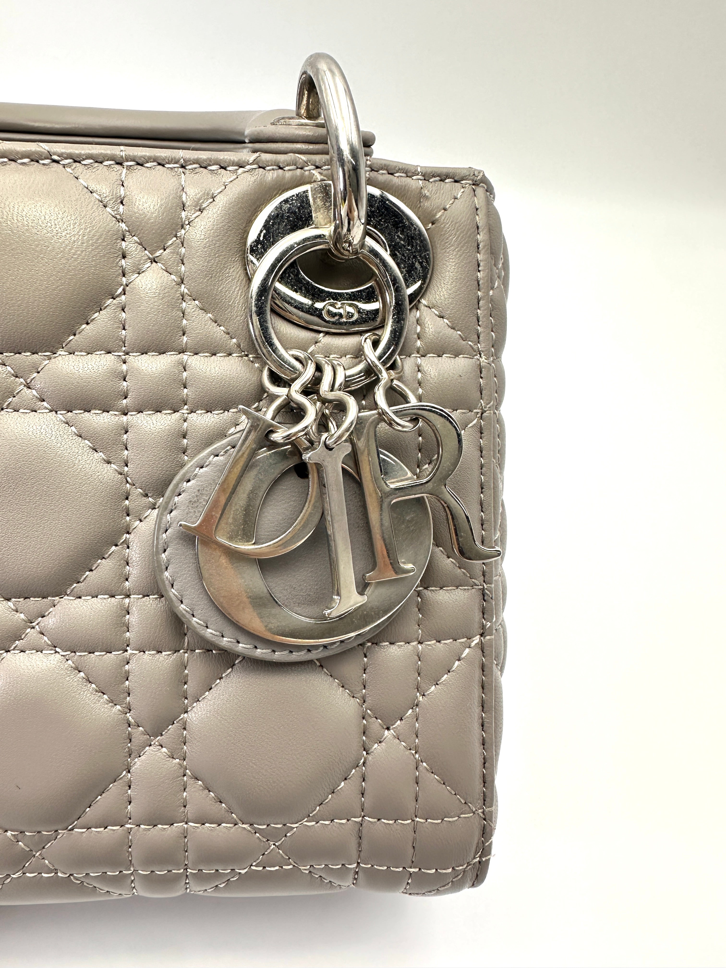 Christian Dior Lady Dior Grey Cannage Lambskin Handle Bag With Silver Charms DR807