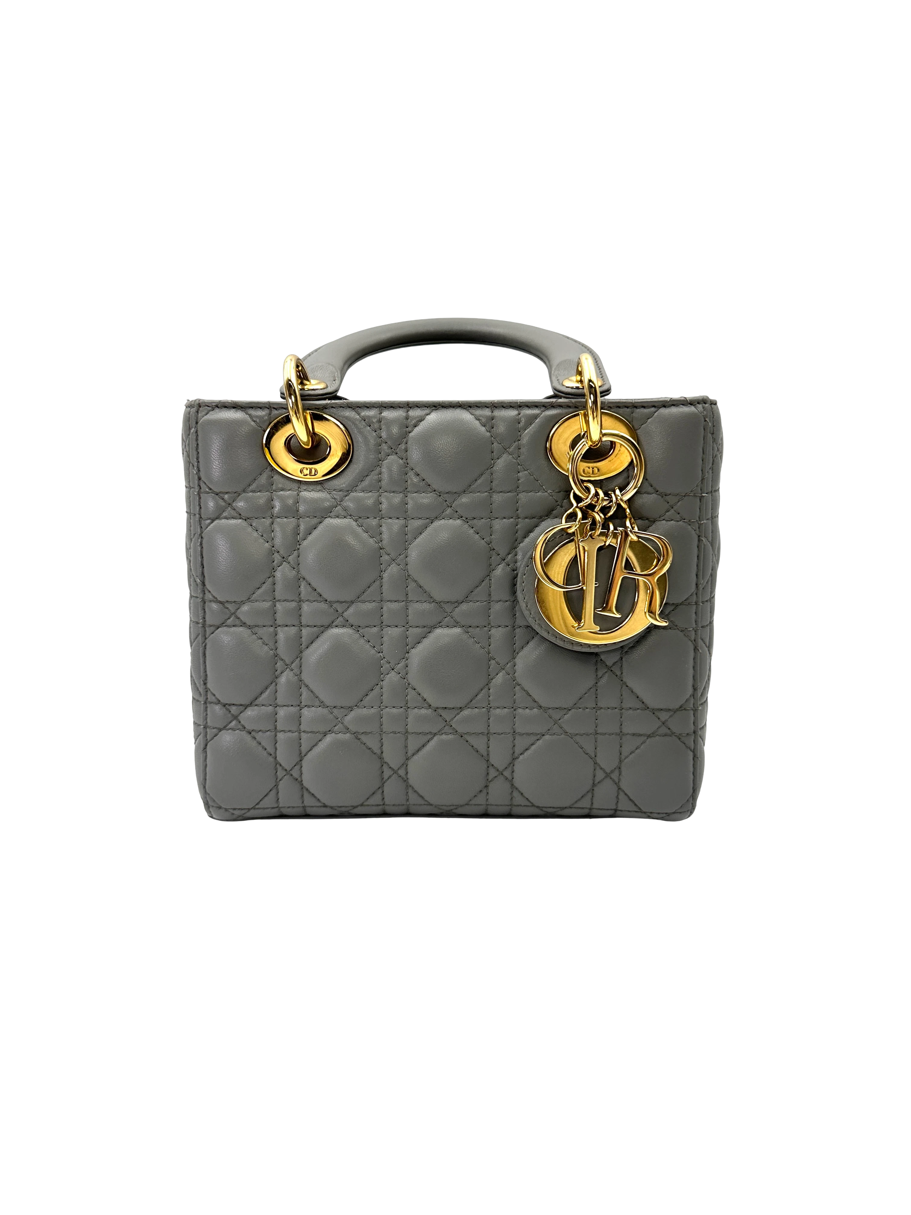 Christian Dior Lady Dior Grey Cannage Lambskin Handle Bag With Gold Charms DR809