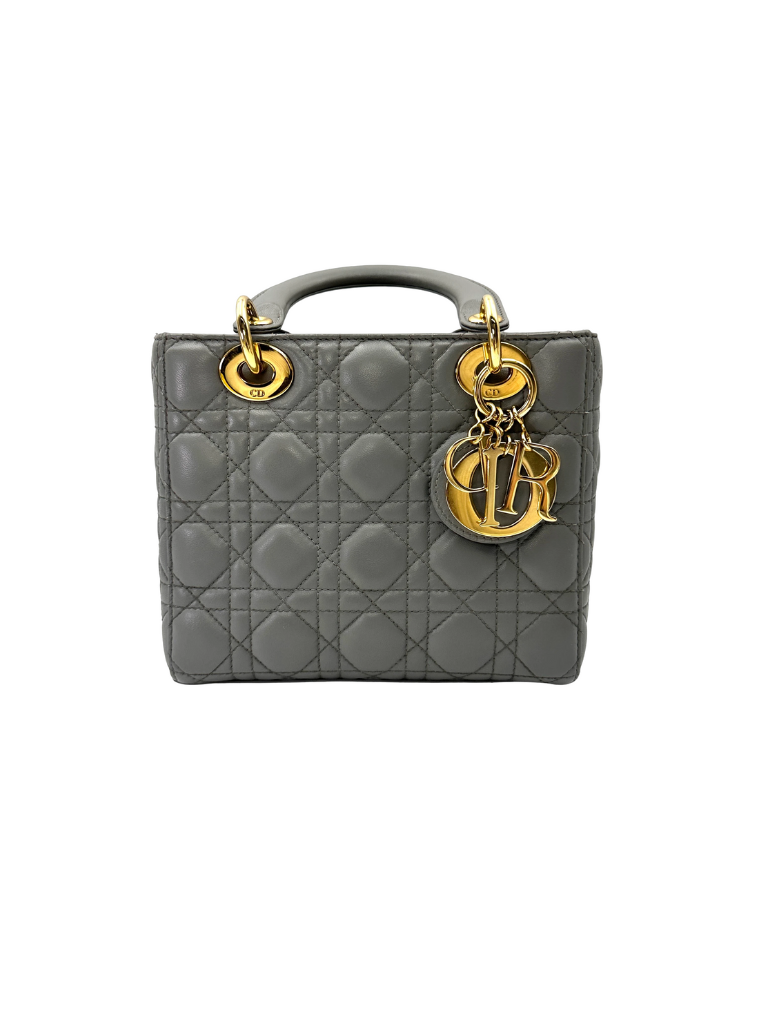 Christian Dior Lady Dior Grey Cannage Lambskin Handle Bag With Gold Charms DR809