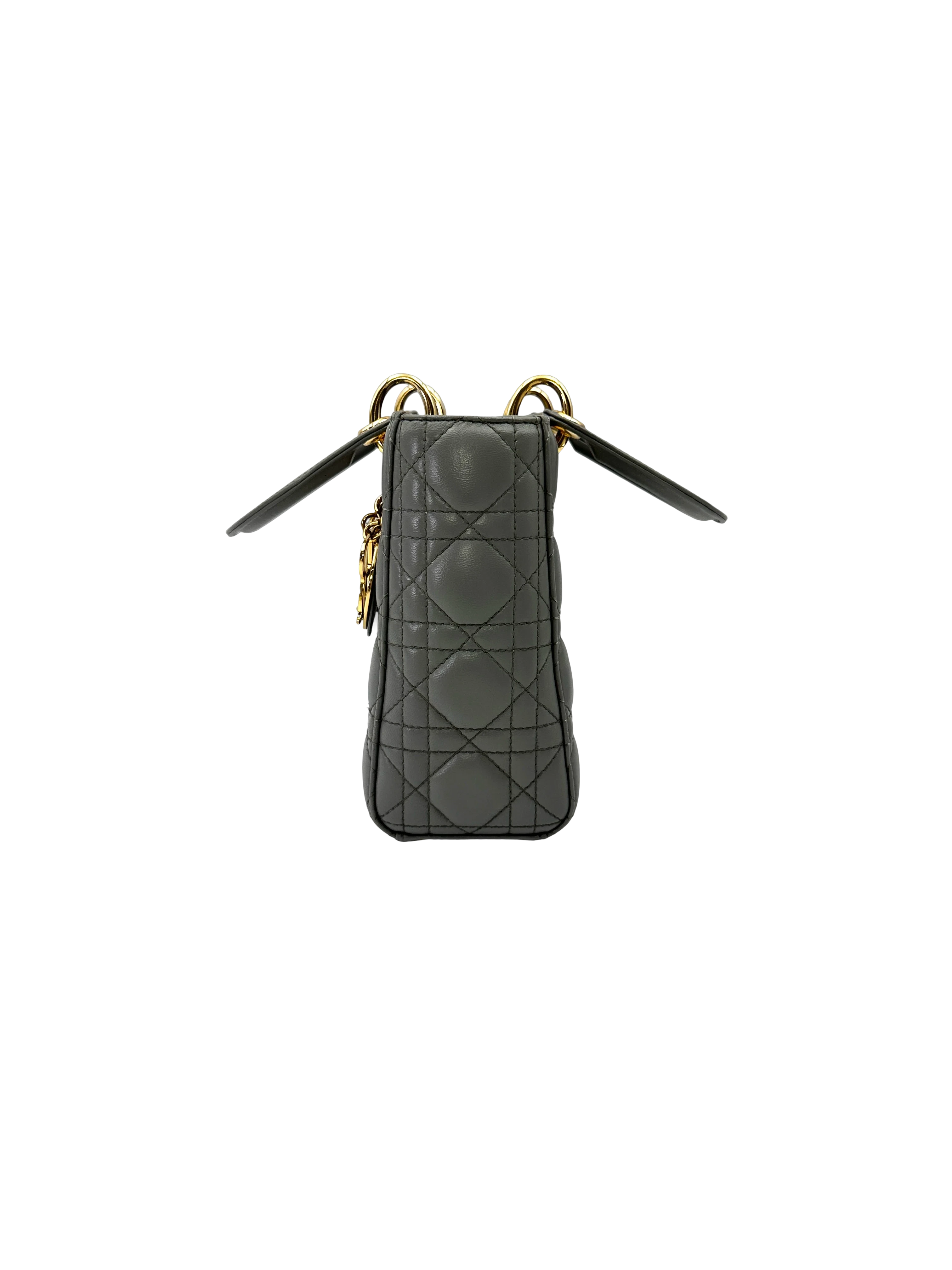 Christian Dior Lady Dior Grey Cannage Lambskin Handle Bag With Gold Charms DR809