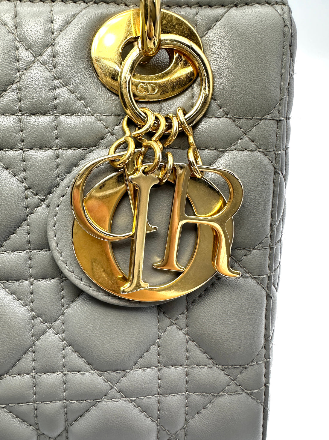 Christian Dior Lady Dior Grey Cannage Lambskin Handle Bag With Gold Charms DR809