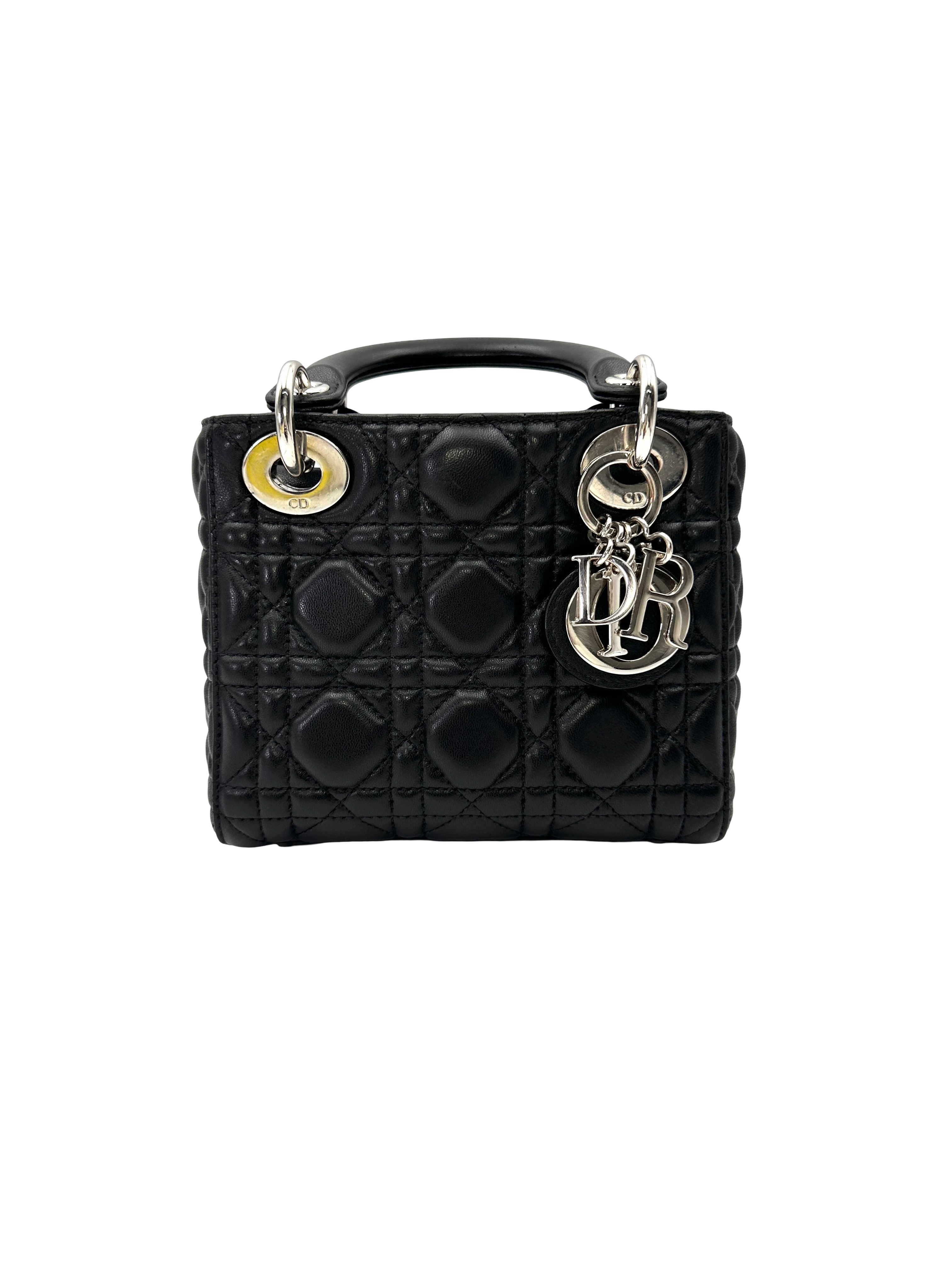 Christian Dior Lady Dior Black Cannage Lambskin Handle Bag With Silver Charms DR808