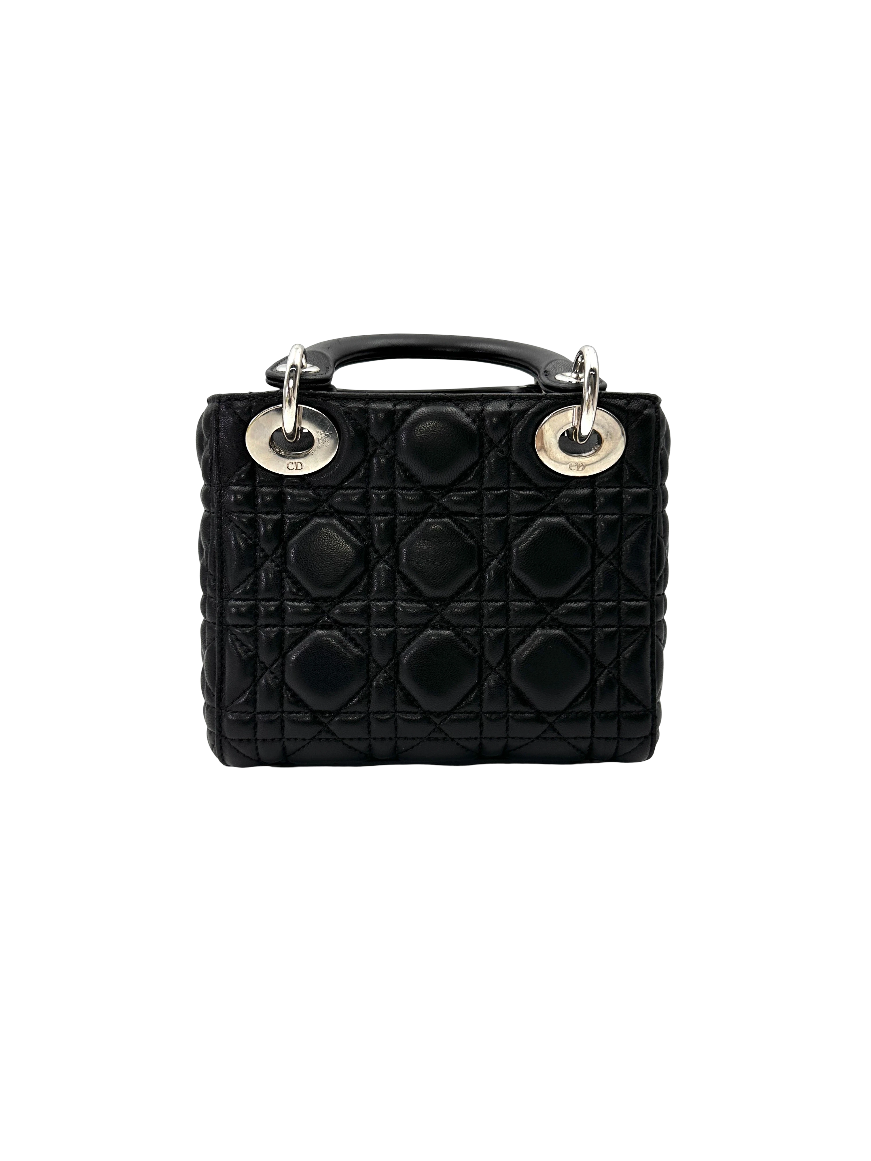 Christian Dior Lady Dior Black Cannage Lambskin Handle Bag With Silver Charms DR808