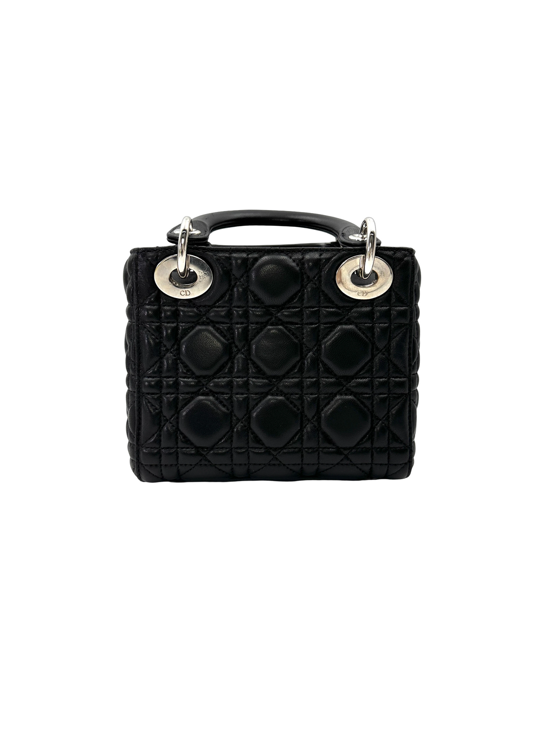 Christian Dior Lady Dior Black Cannage Lambskin Handle Bag With Silver Charms DR808